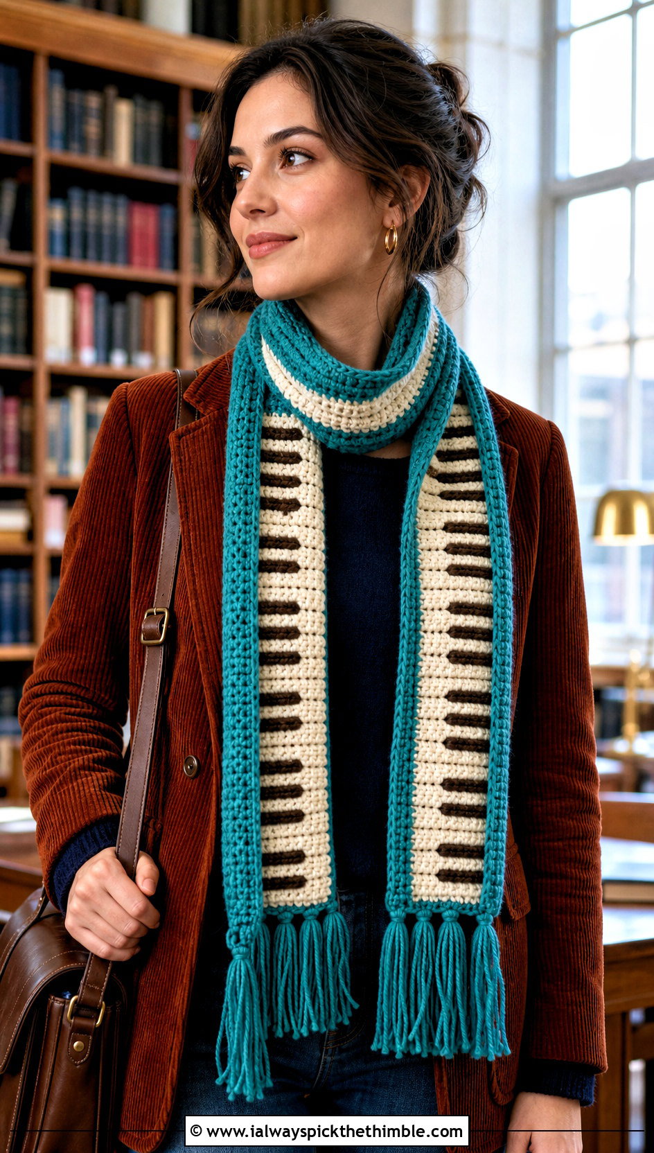 Tassel Crochet Piano Scarf With Corduroy Blazer - 25 crochet piano scarf outfit ideas