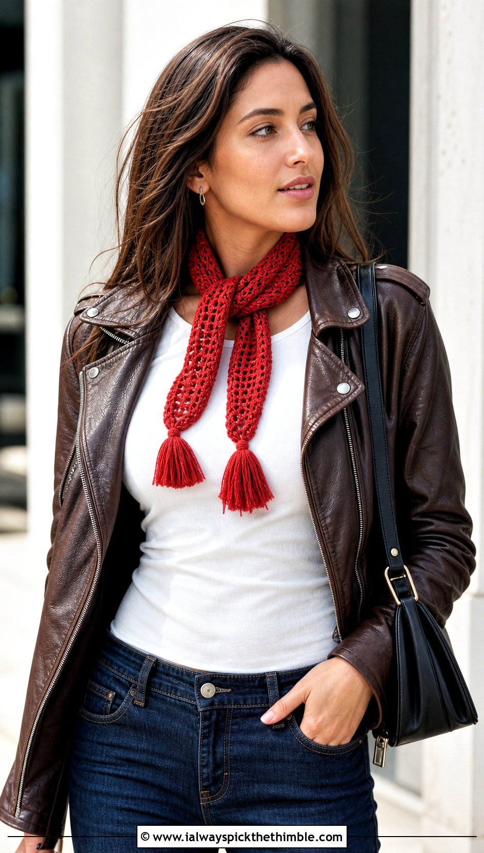 Tassel Crochet Ribbon Scarf With Leather Jacket And Jeans - 15 Crochet Ribbon Scarf outfit ideas