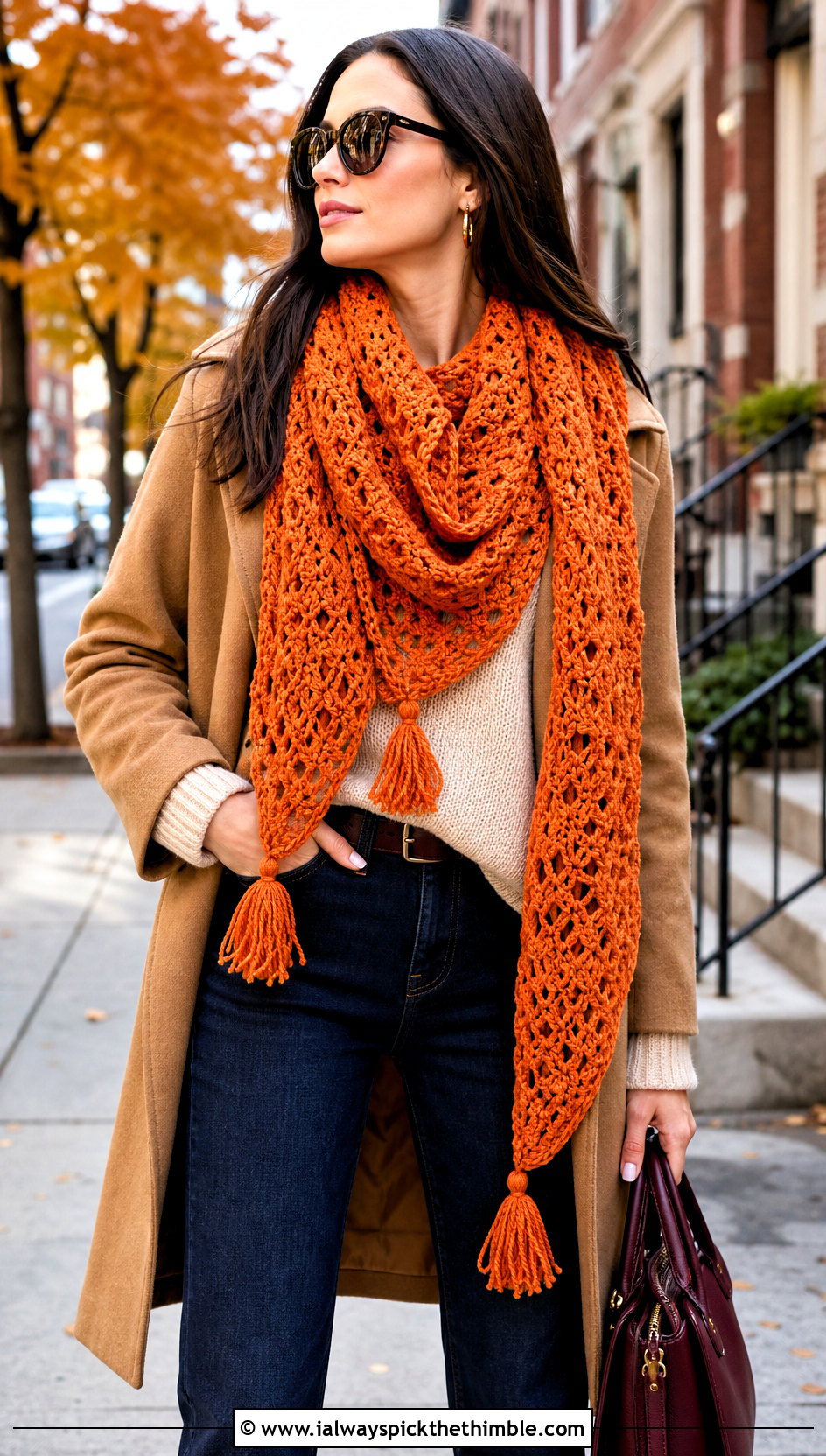 Tassel Crochet Road Trip Scarf With Camel Coat - 15 Crochet Road Trip Scarf outfit ideas