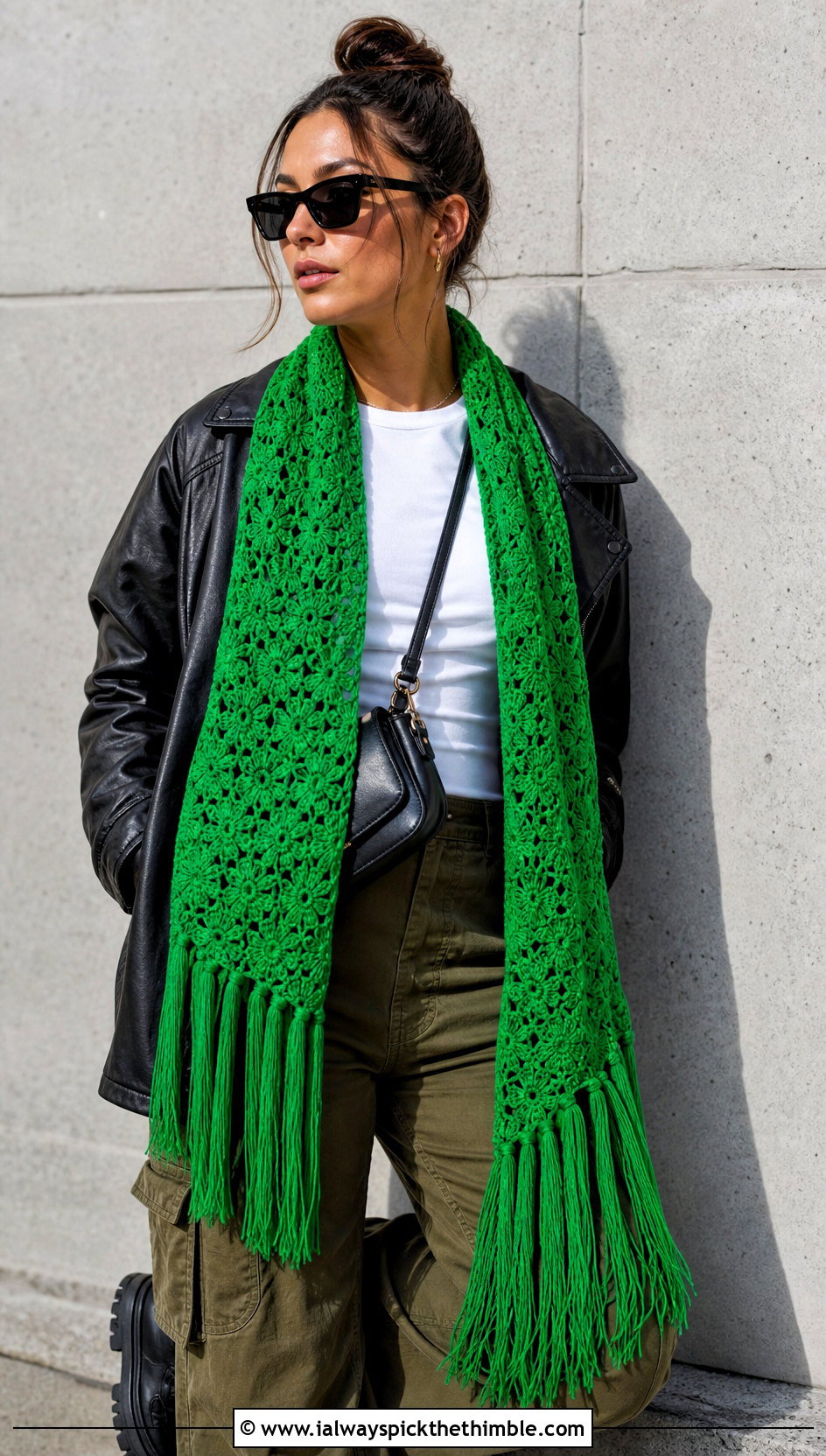 Tassel Crochet Scarf With Leather Jacket And Cargo Pants - 25 crochet scarf outfit ideas