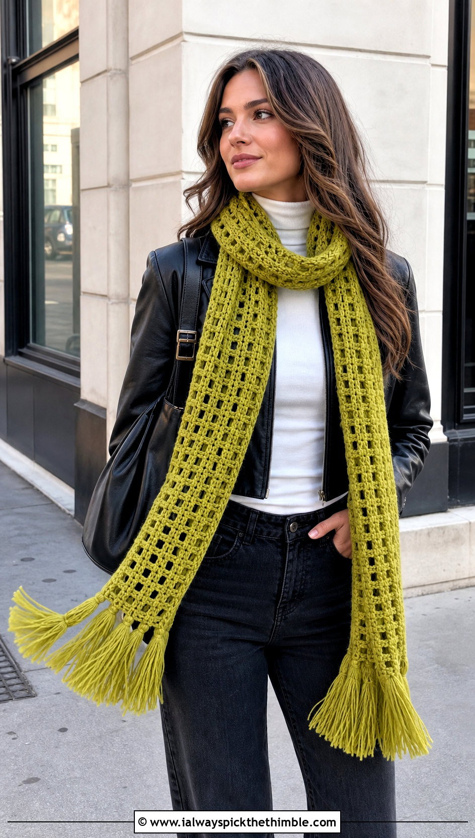 Tassel Crochet Scarf With Leather Jacket - 25 simple crochet scarf outfit ideas