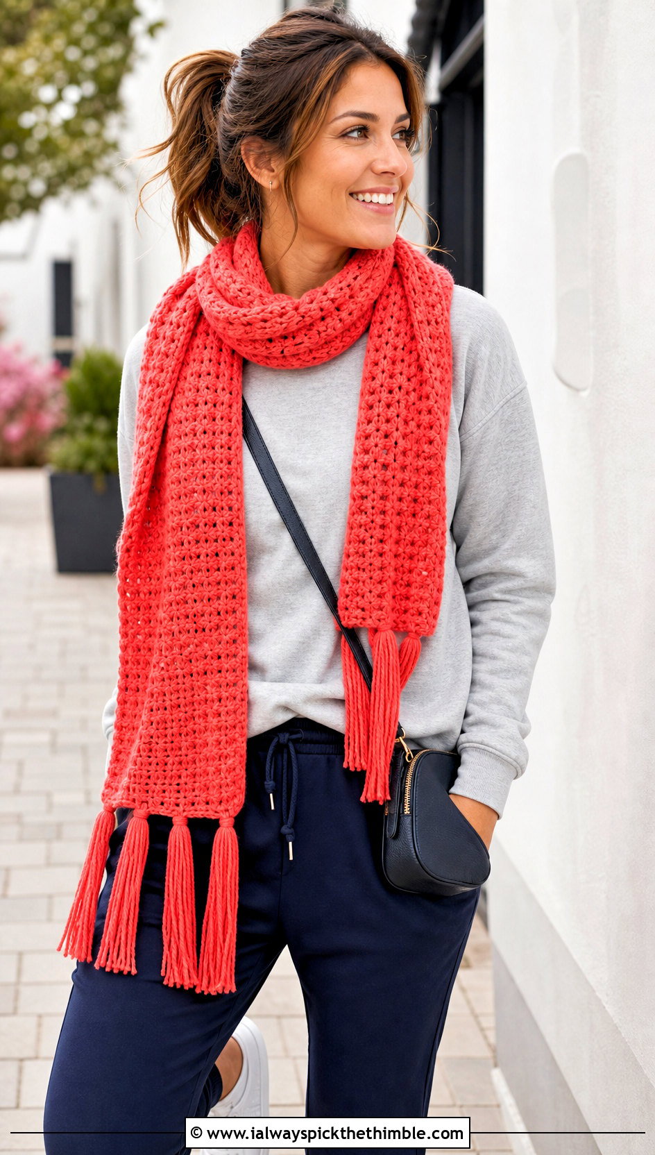 Tassel Crochet Scarf With Sweatshirt And Joggers - 15 beginner crochet scarf design outfit ideas