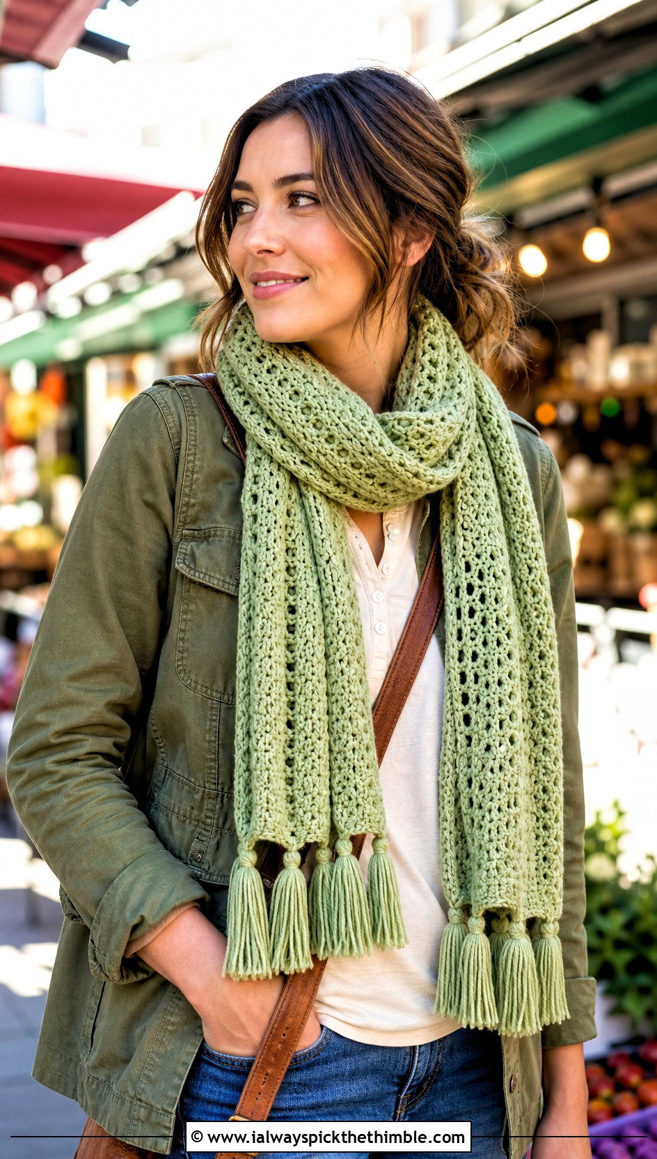 Tassel Crochet Scarf With Utility Jacket - 25 cute crochet scarf outfit ideas