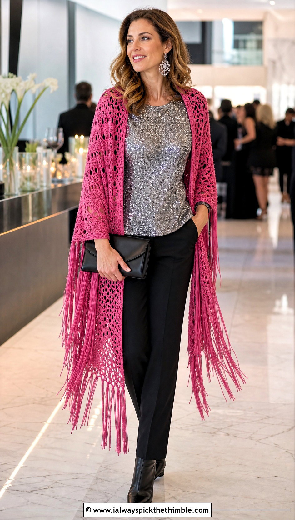Tassel Crochet Shawl With Sequin Top And Black Trousers - 20 Stevie Nicks Crochet Shawl outfit ideas