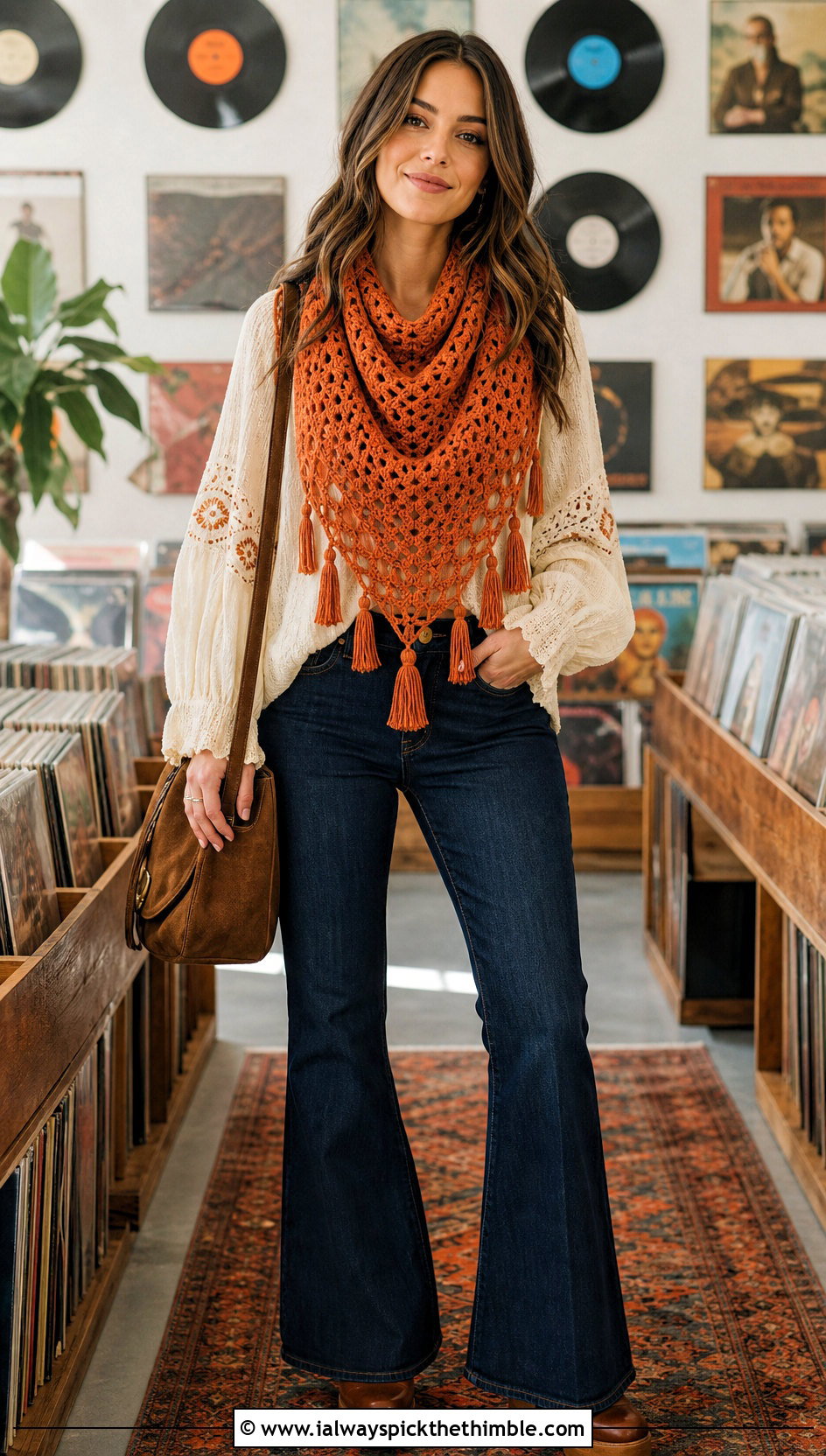 Tassel Crochet Triangle Scarf With Boho Blouse And Flared Jeans - 25 crochet triangle scarf outfit ideas