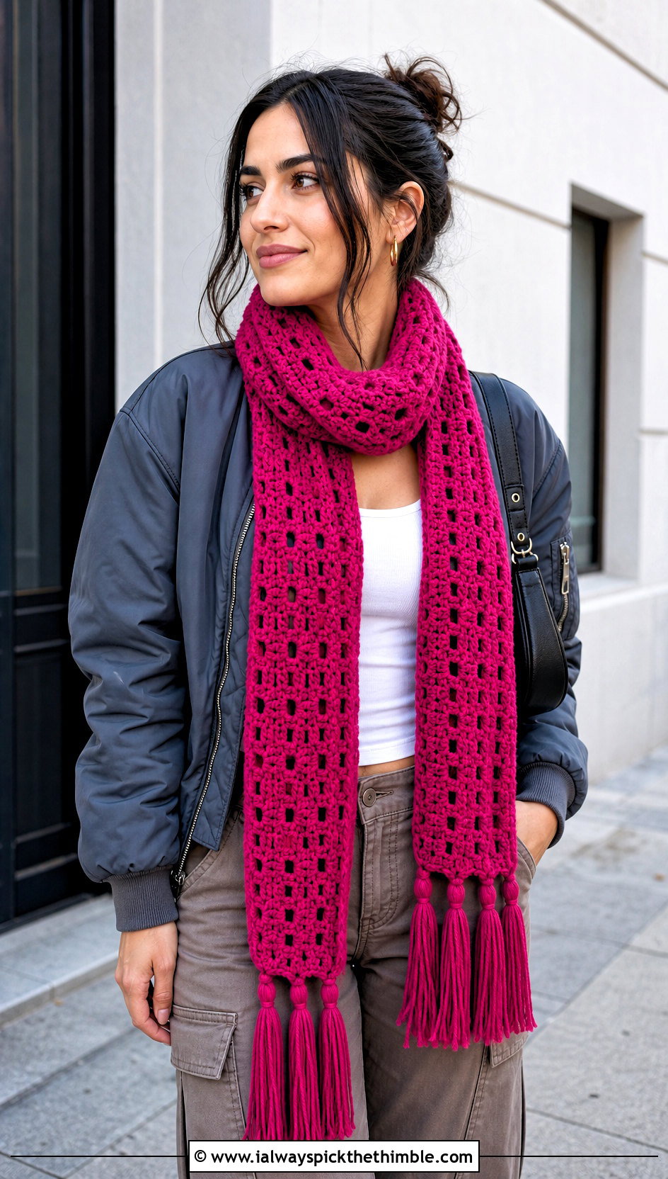 Tassel Double Crochet Scarf With Cargo Pants - 25 double crochet scarf outfit ideas