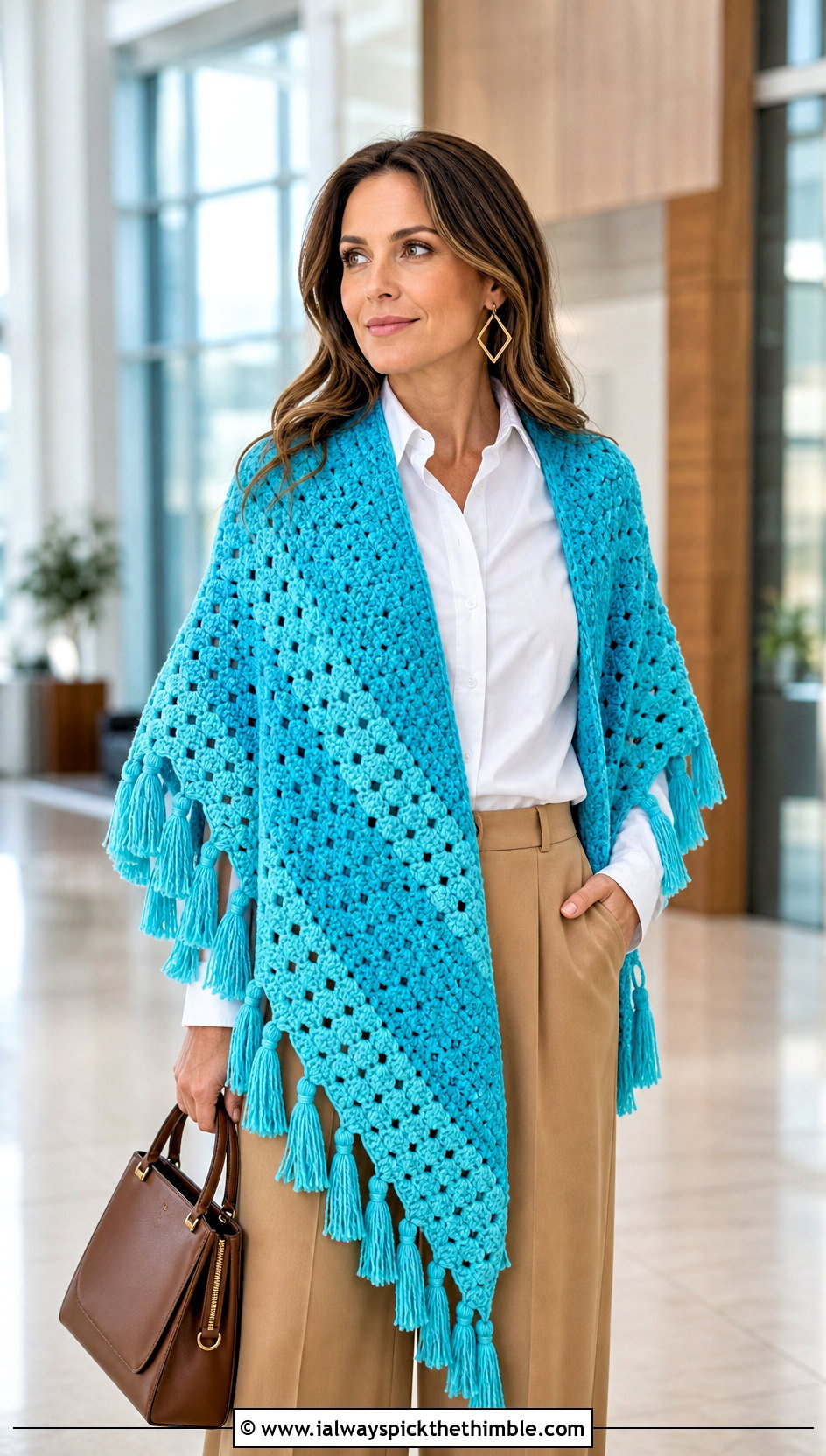 Tassel Edge Corner To Corner Crochet Shawl With Wide Leg Trousers - 15 Corner To Corner Crochet Shawl outfit ideas