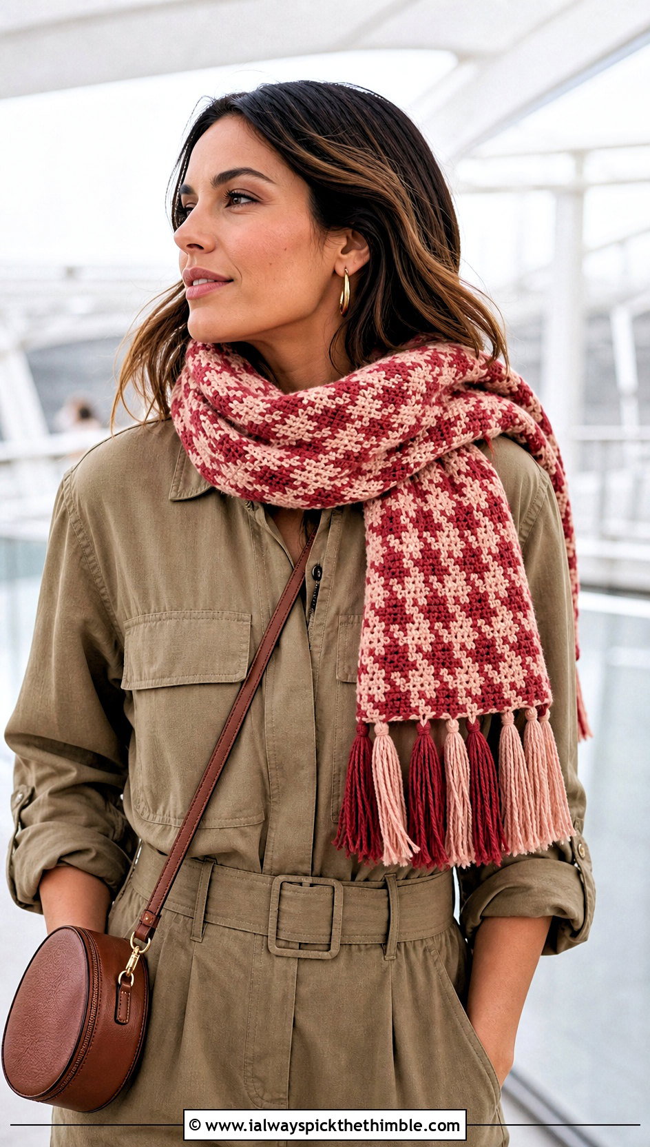 Tassel Edge Houndstooth Crochet Scarf With Utility Jumpsuit - 15 Houndstooth Crochet Scarf outfit ideas