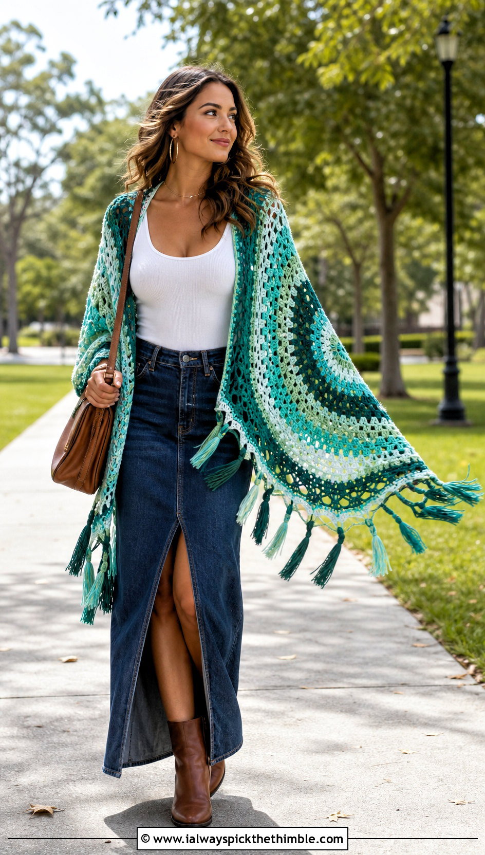 Tassel Edge Mandala Yarn Crochet Shawl With A Denim Maxi Skirt - 15 Crochet Shawl Mandala Yarn outfit ideas