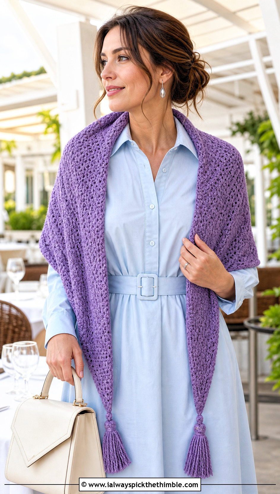 Tassel Edge Moss Stitch Shawl With A Shirt Dress - 20 Crochet Moss Stitch Shawl outfit ideas