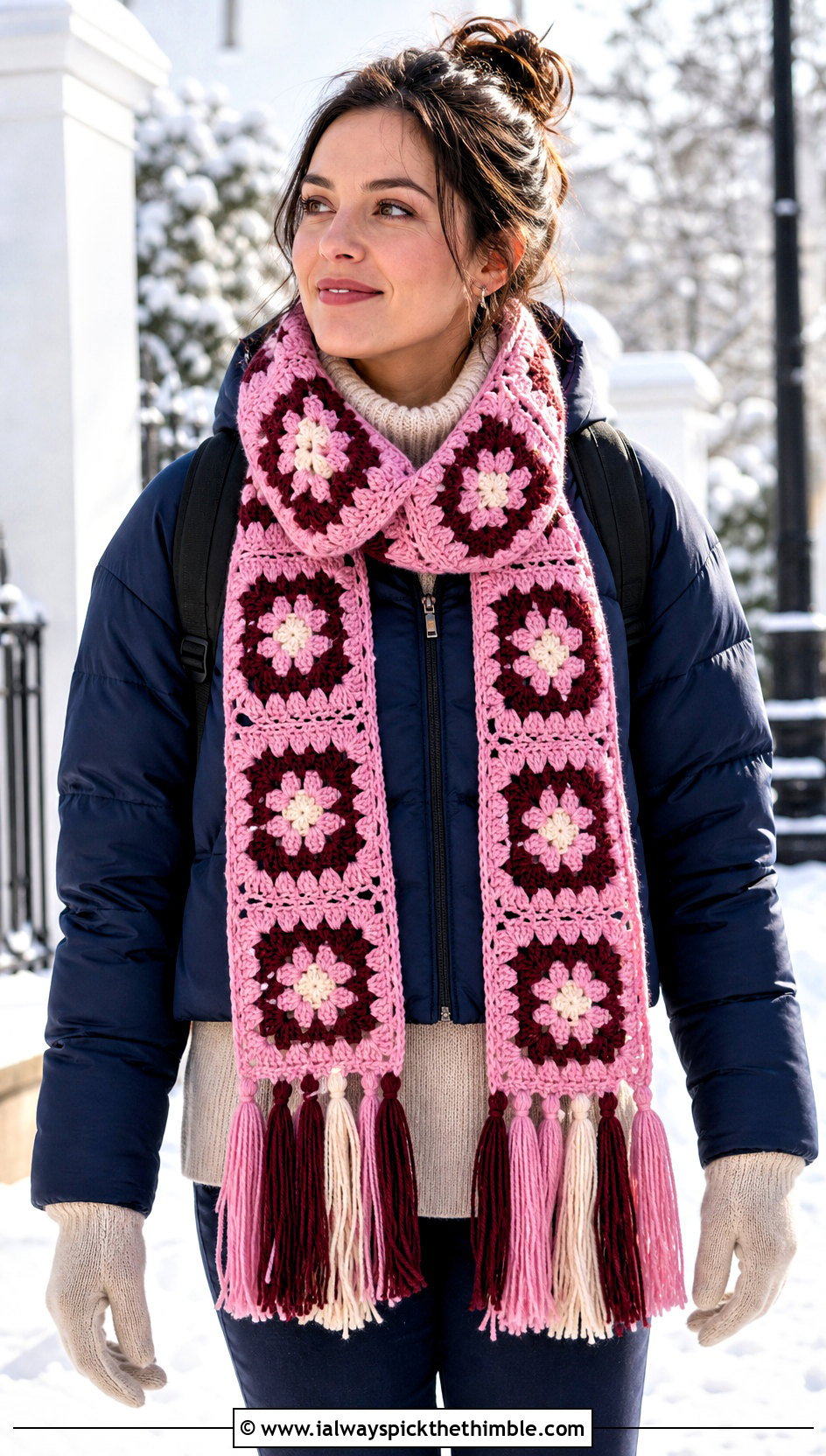 Tassel End Granny Square Crochet Scarf With Puffer Jacket - 25 granny square crochet scarf outfit ideas