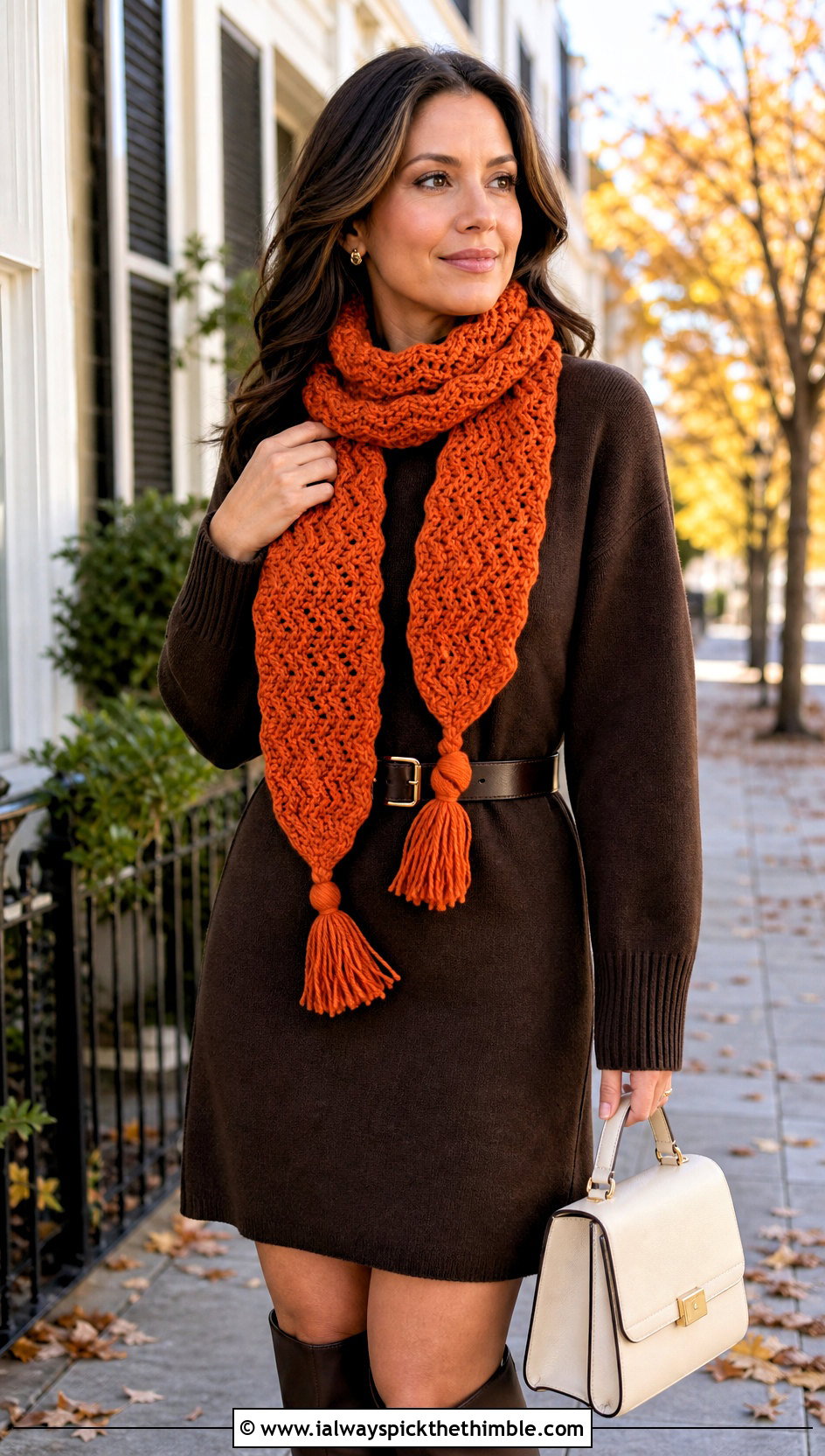 Tassel End Ripple Stitch Crochet Scarf With Sweater Dress And Boots - 15 ripple stitch crochet scarf outfit ideas