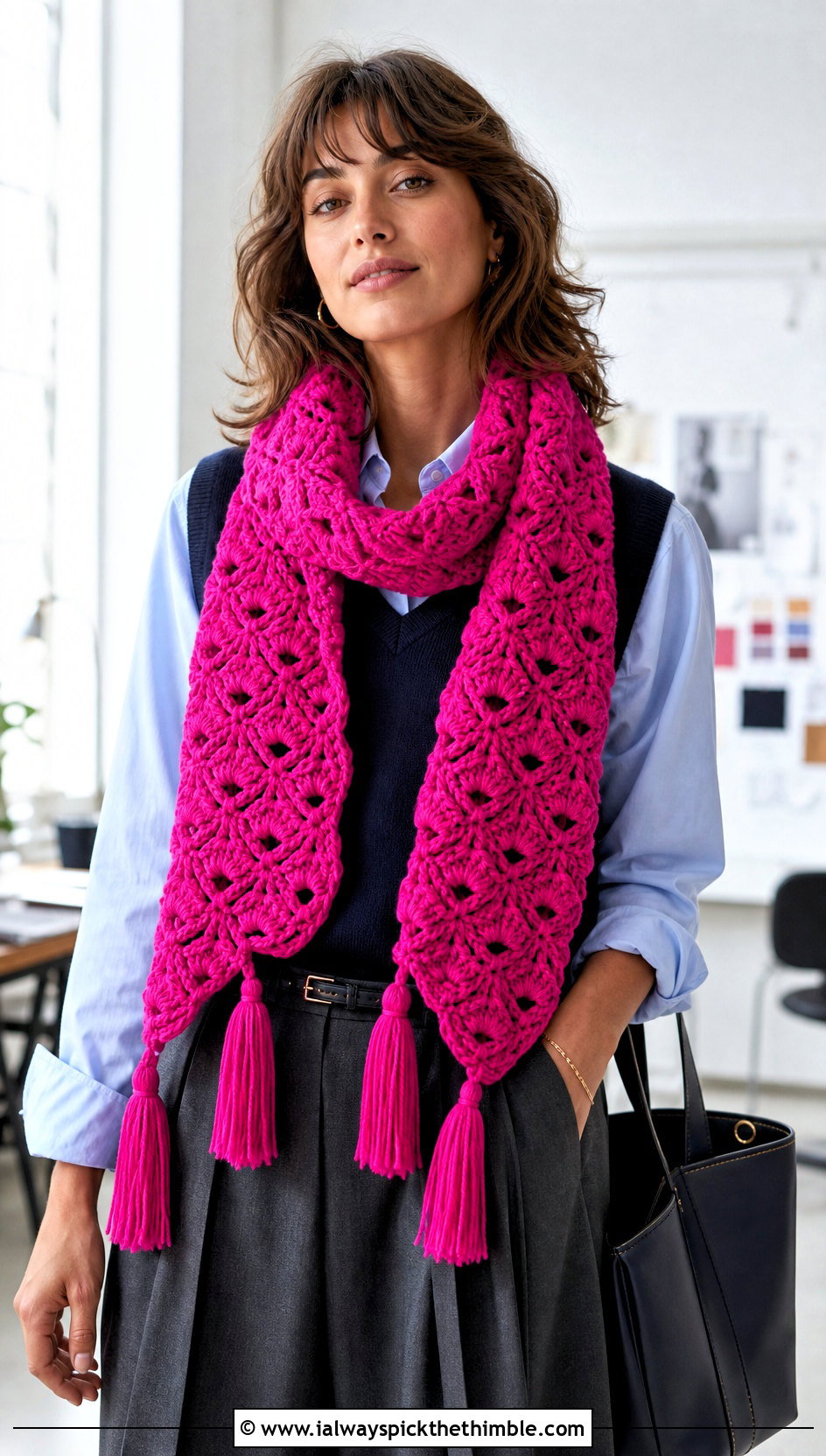 Tassel End Shell Stitch Scarf With Sweater Vest And Trousers - 20 Shell Crochet Scarf outfit ideas