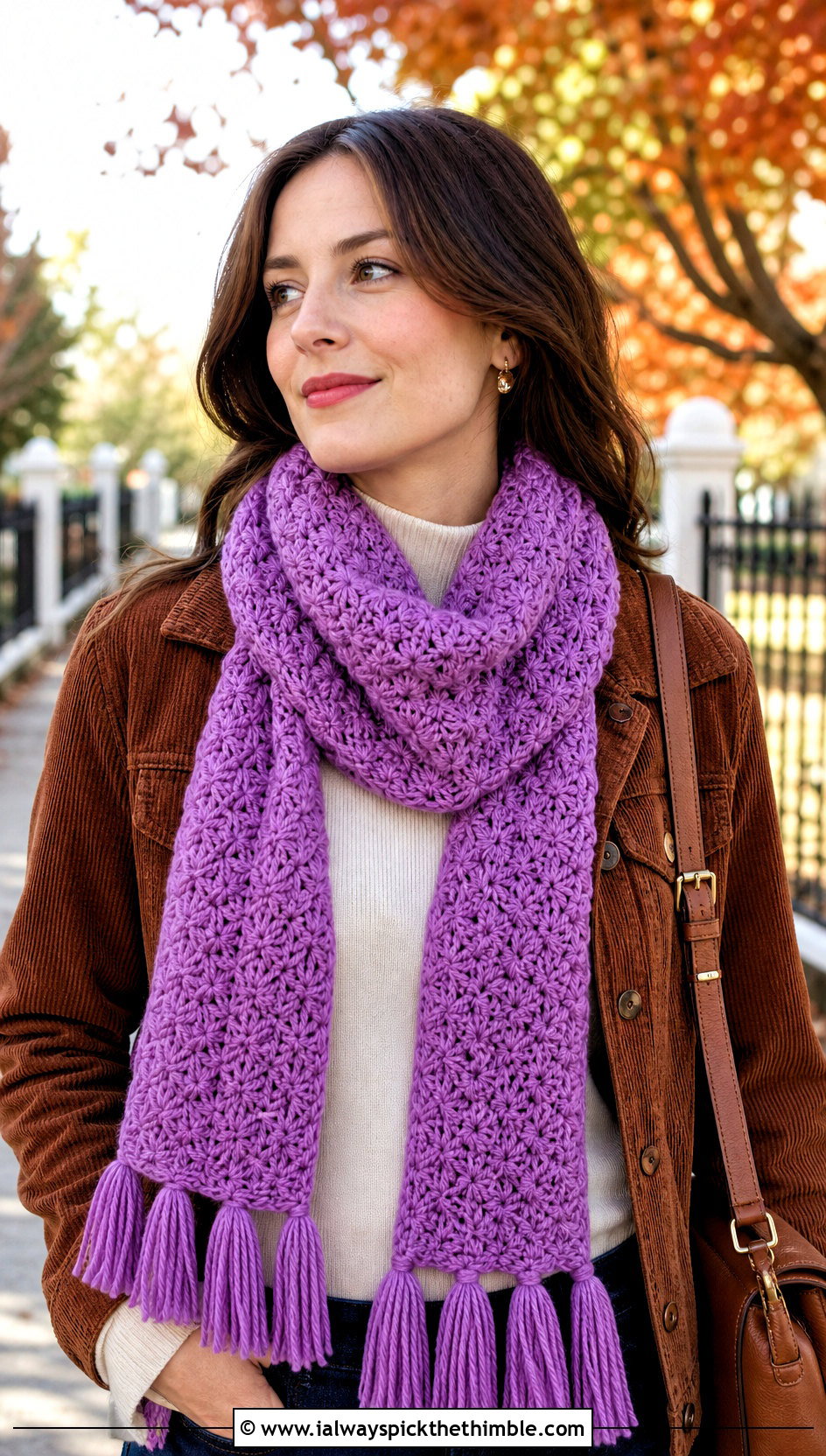 Tassel End Star Stitch Scarf With Corduroy Outfit - 20 Crochet Star Stitch Scarf outfit ideas