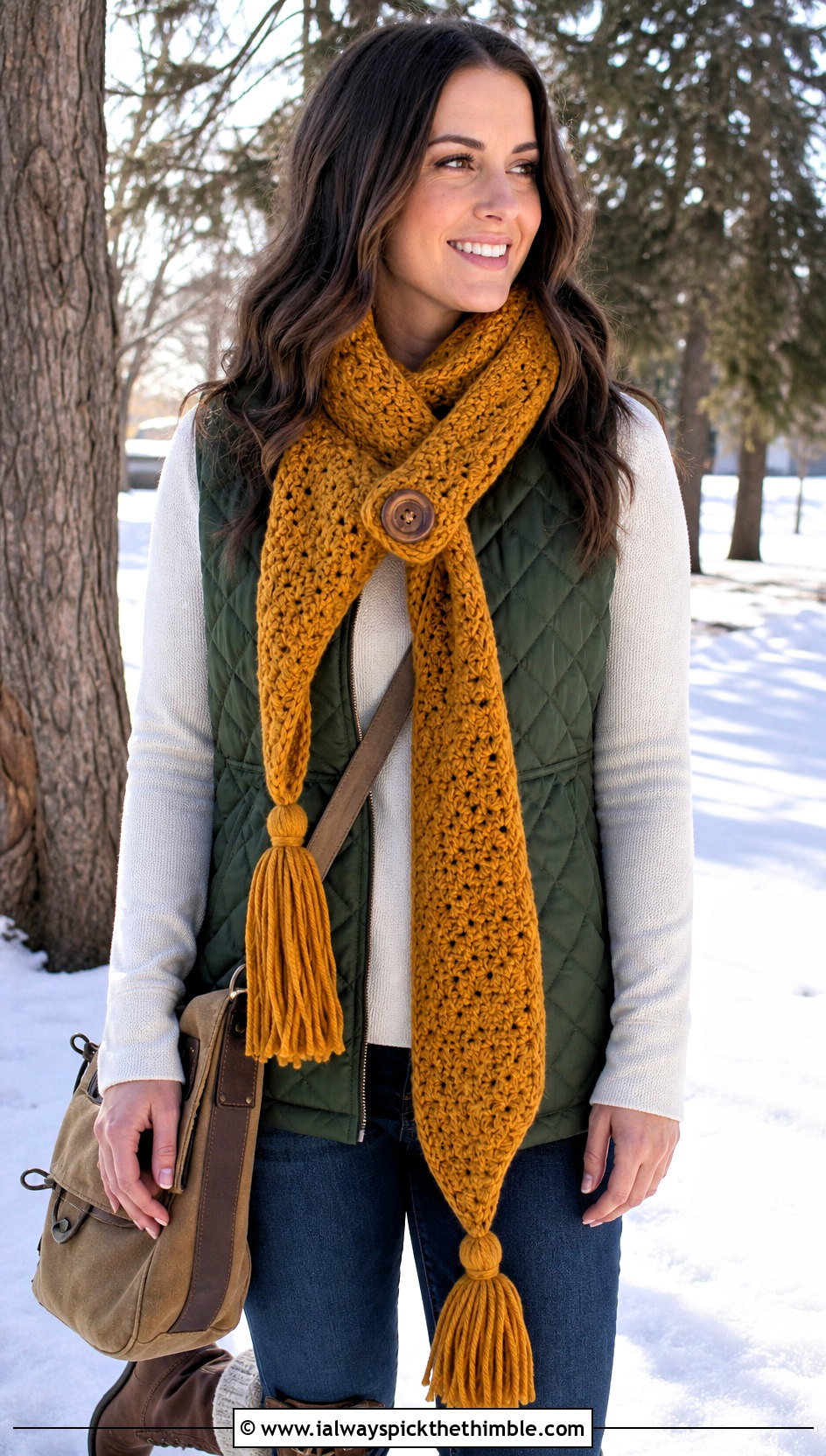 Tassel End Winter Wishes Crochet Scarf With Quilted Vest - 15 Winter Wishes Crochet Scarf outfit ideas