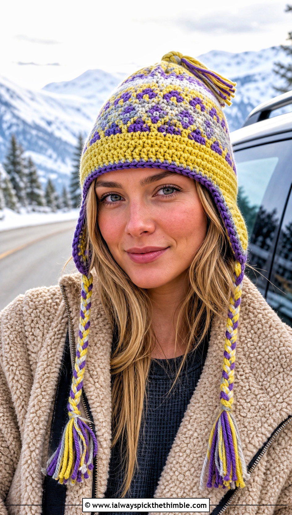 Tassel Fair Isle Crochet Hat With Sherpa Jacket - 20 fair isle crochet hat outfit ideas