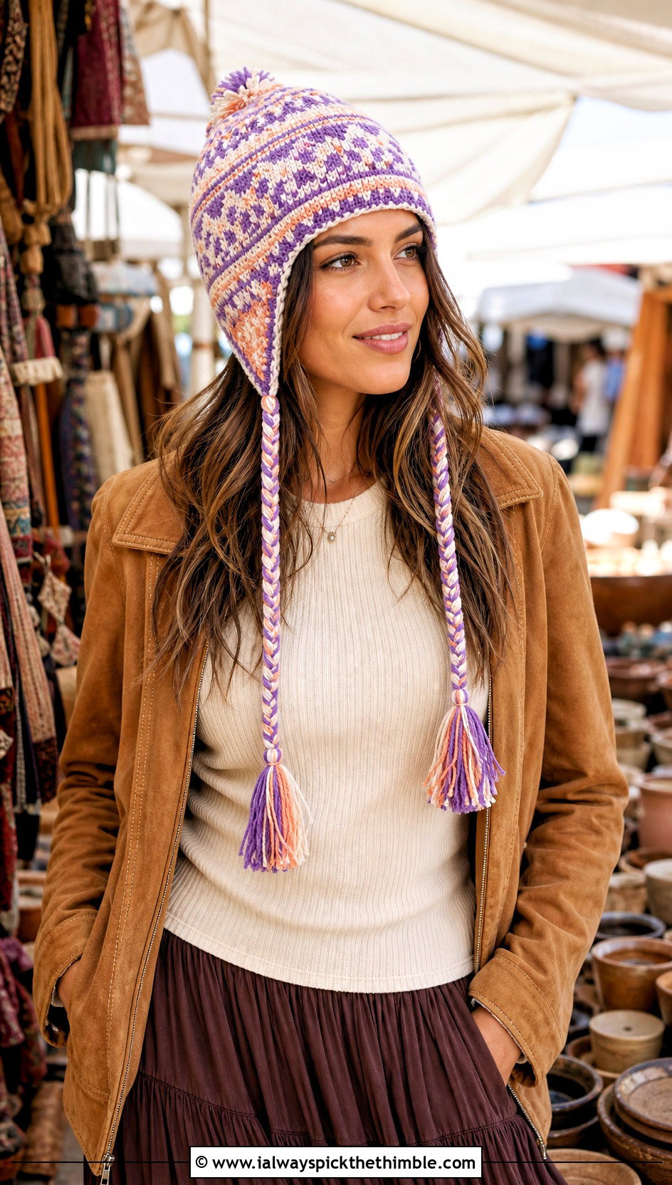 Tassel Fair Isle Hat With Suede Jacket And Maxi Skirt - 20 Crochet Fair Isle Hat outfit ideas