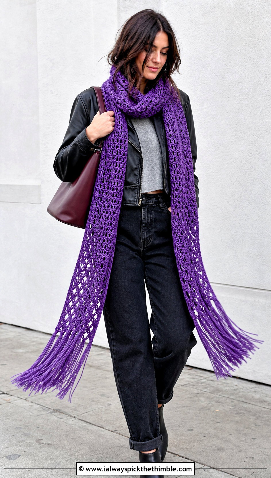 Tassel Fringe Crochet Long Scarf With Leather Jacket - 20 Crochet Long Scarf outfit ideas