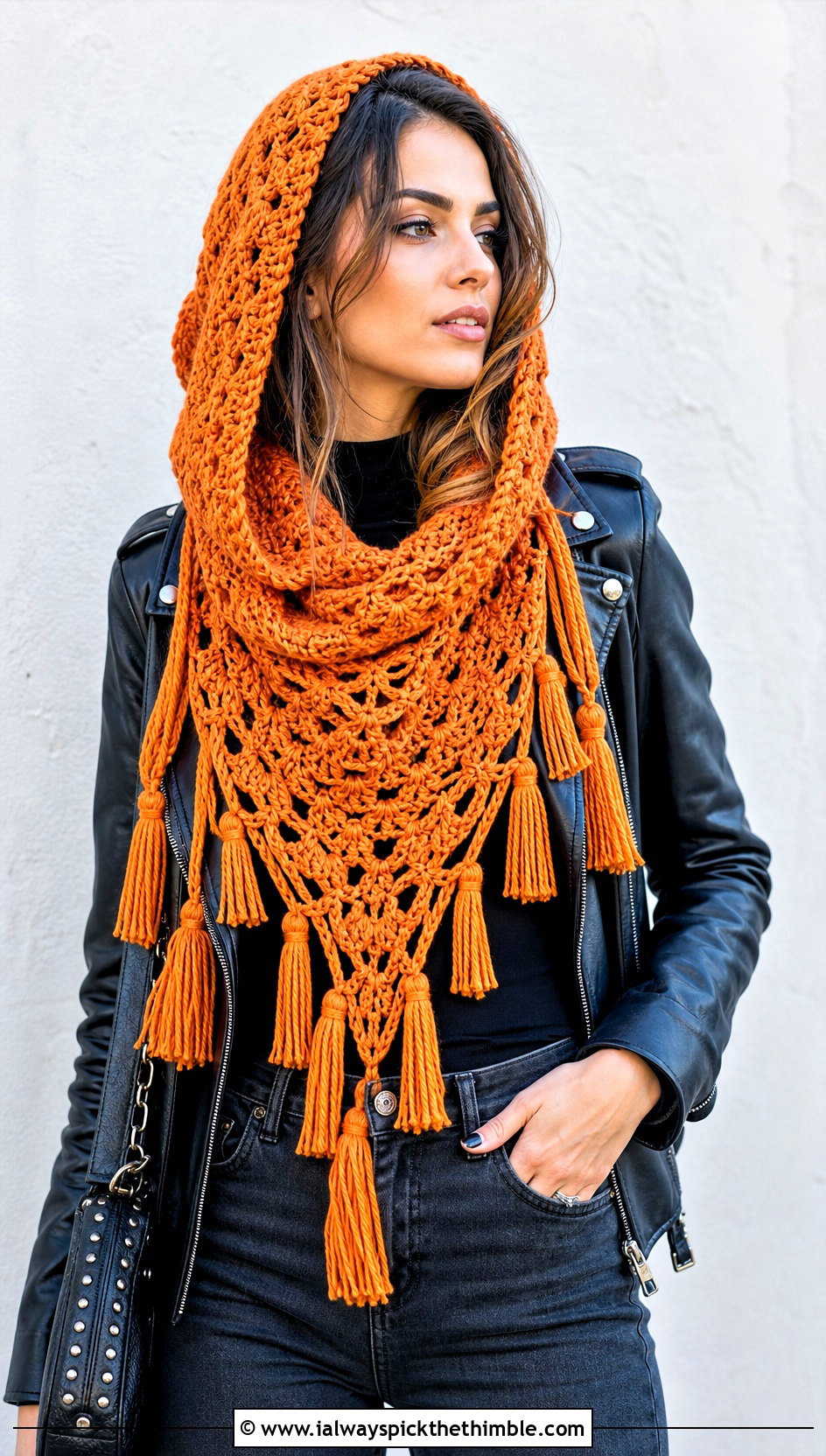 Tassel Fringe Hooded Triangle Crochet Scarf With Leather Jacket - 20 Hooded Triangle Crochet Scarf outfit ideas