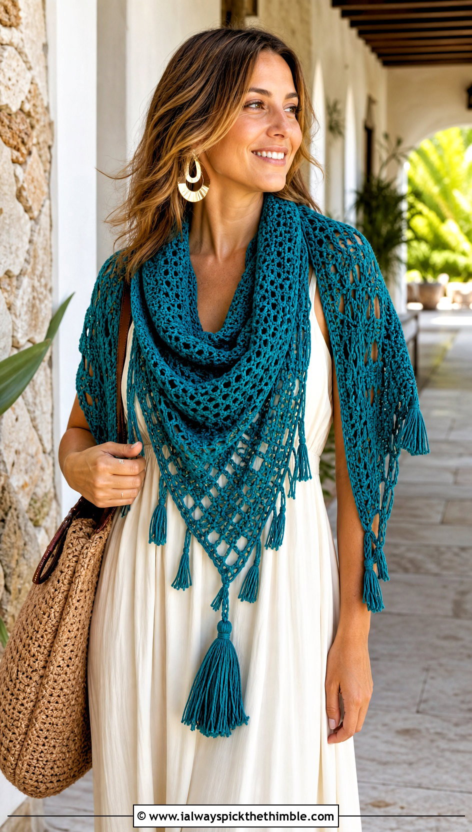 Tassel Fringe Triangle Crochet Scarf With Maxi Dress - 20 Crochet Scarf Fringe Ideas