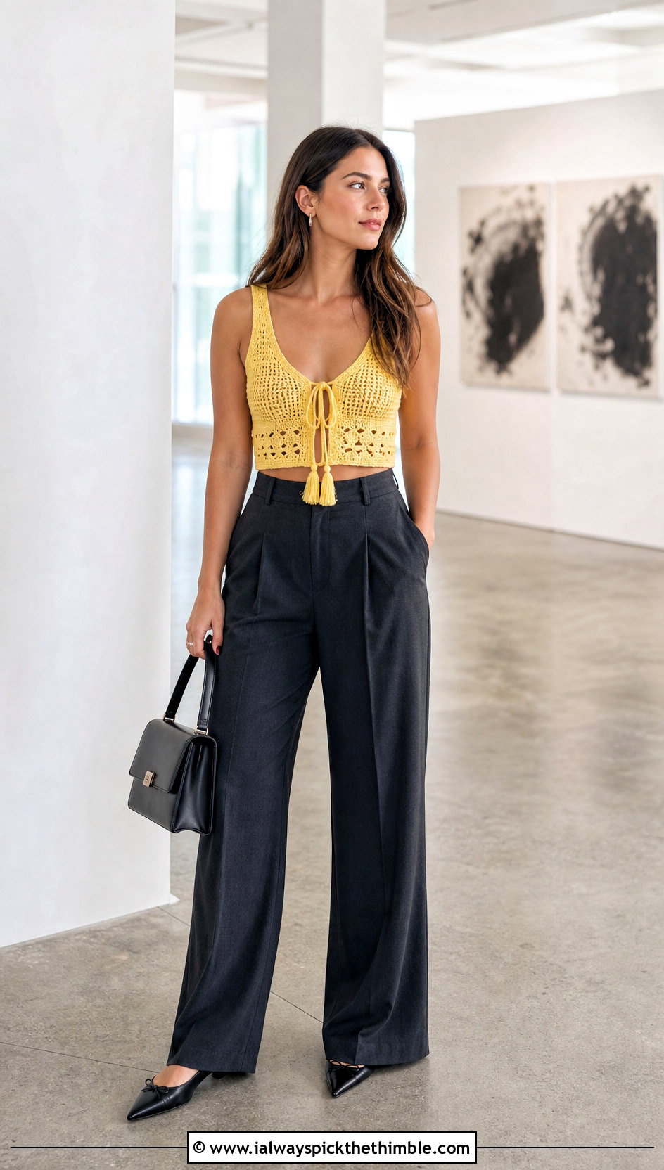 Tassel Front Sophia Crop Top With Tailored Trousers - 15 Crochet Sophia Crop Top outfit ideas