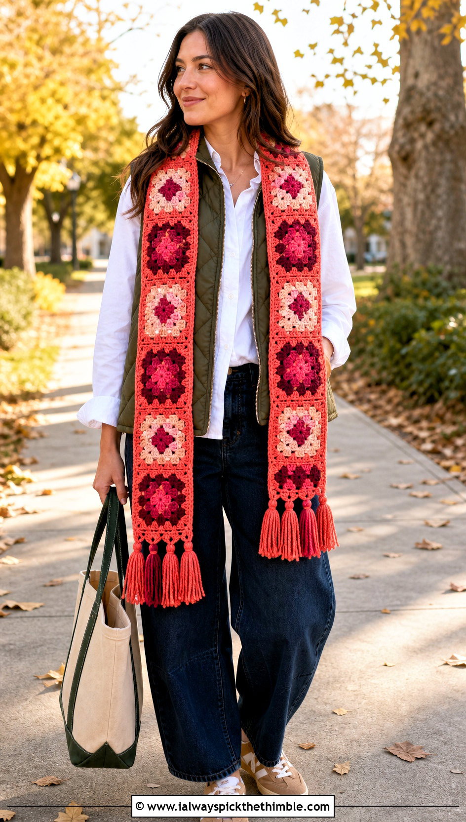 Tassel Granny Square Scarf With Quilted Vest And Barrel Jeans - 25 granny square scarf outfit ideas