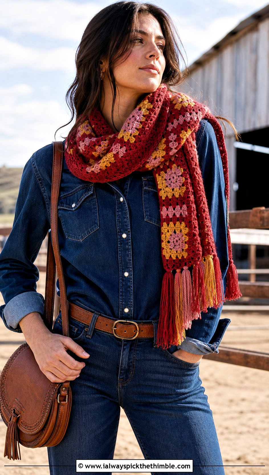 Tassel Granny Square Scarf With Western Shirt And Bootcut Jeans - 25 granny crochet scarf outfit ideas
