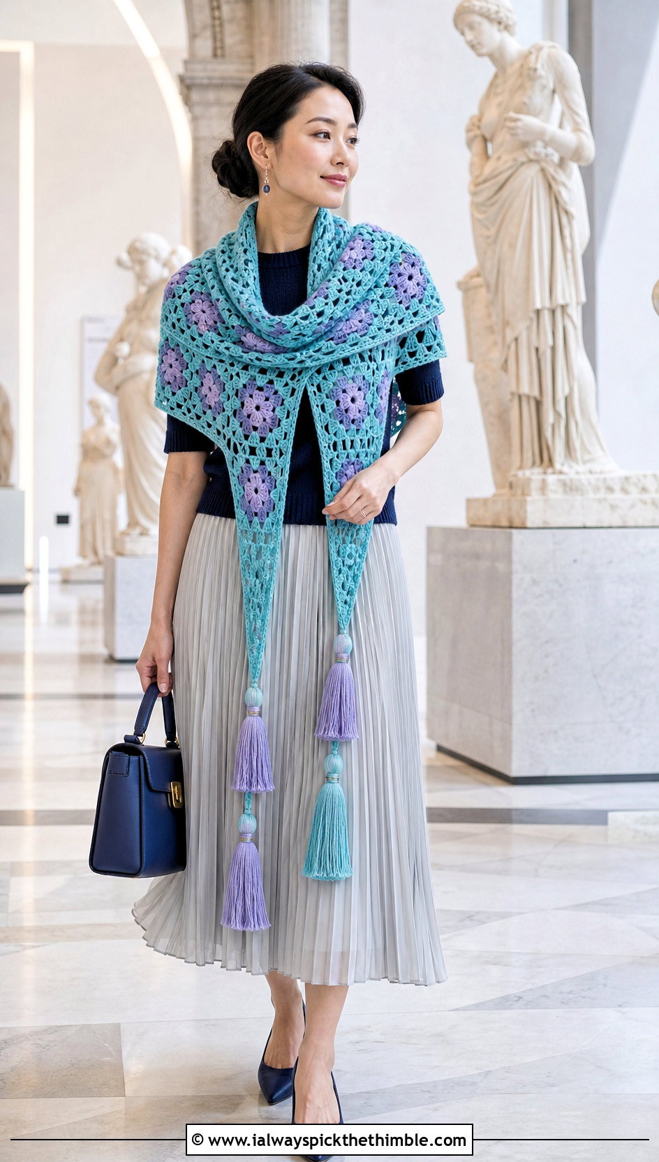 Tassel Granny Square Shawl With Pleated Midi Skirt - 25 granny square shawl outfit ideas