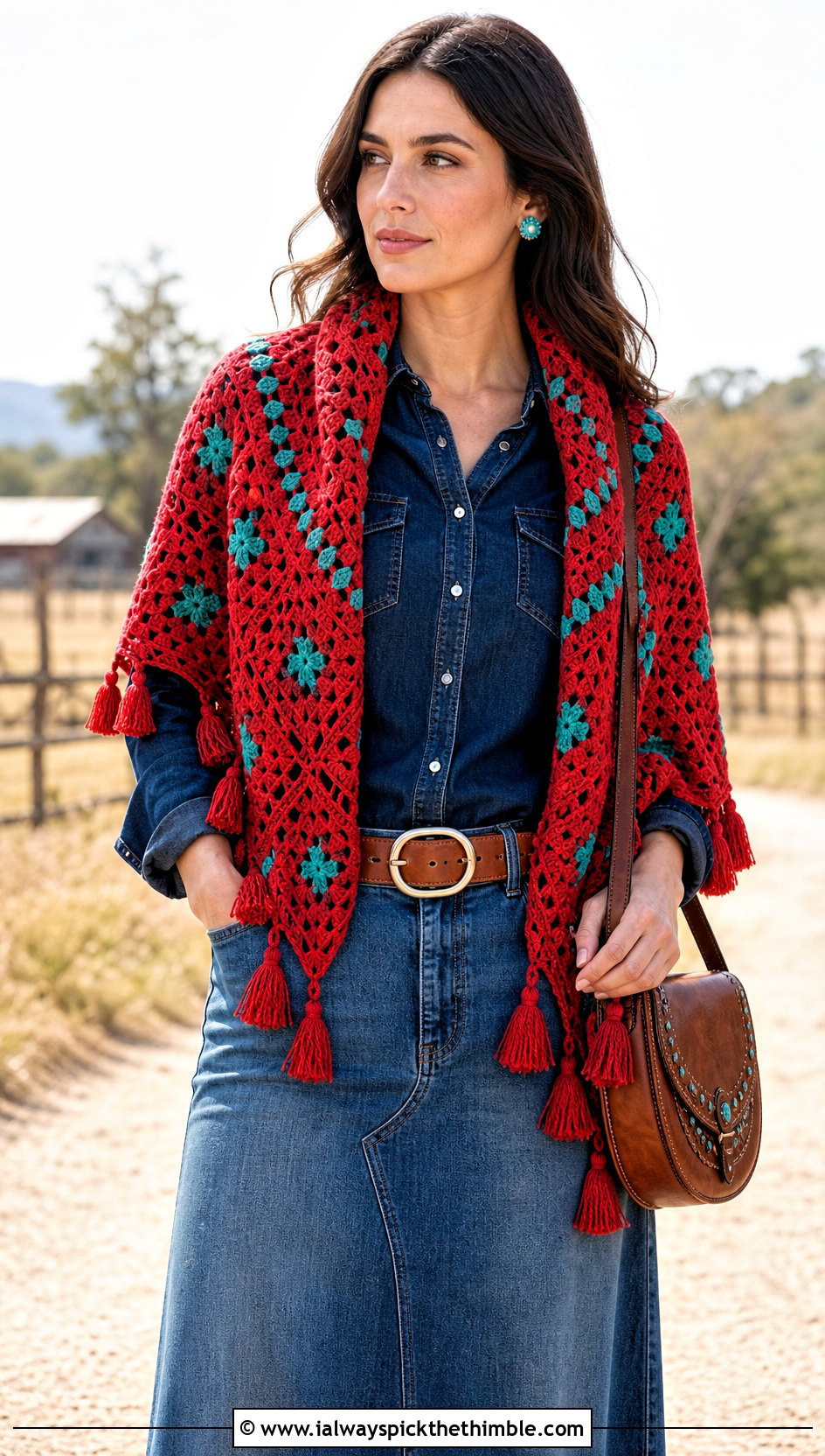 Tassel Granny Square Triangle Shawl With Western Shirt And Denim Skirt - 20 granny square triangle shawl outfit ideas