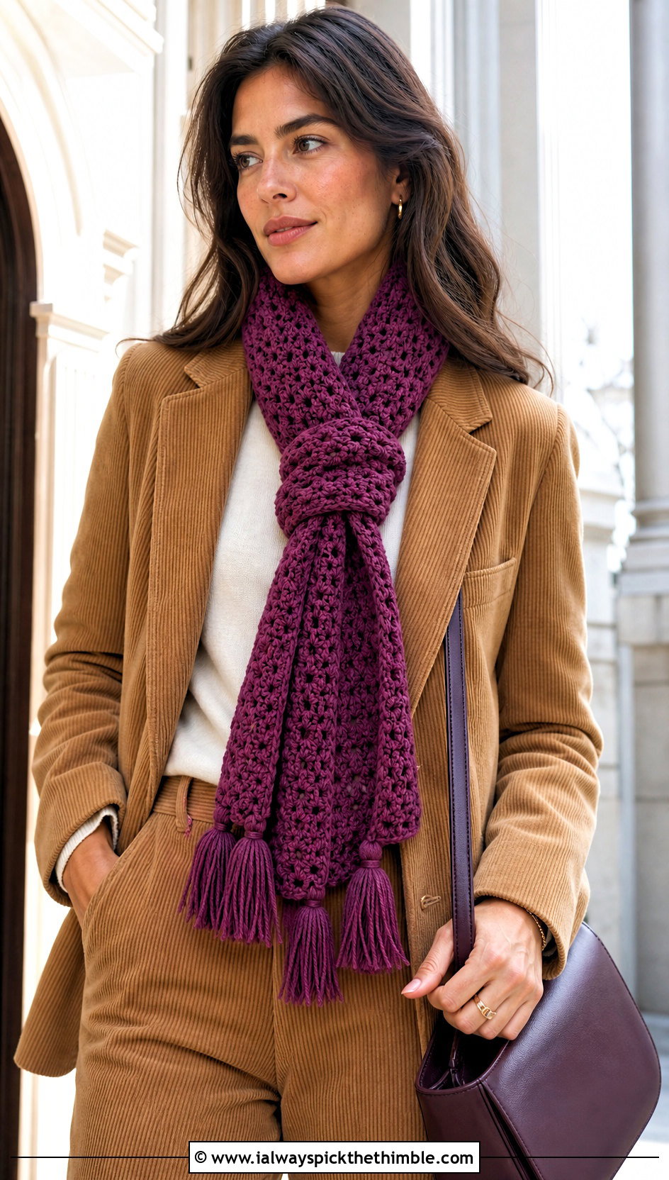 Tassel Hdc Crochet Scarf With Corduroy Suit - 20 Hdc Crochet Scarf outfit ideas