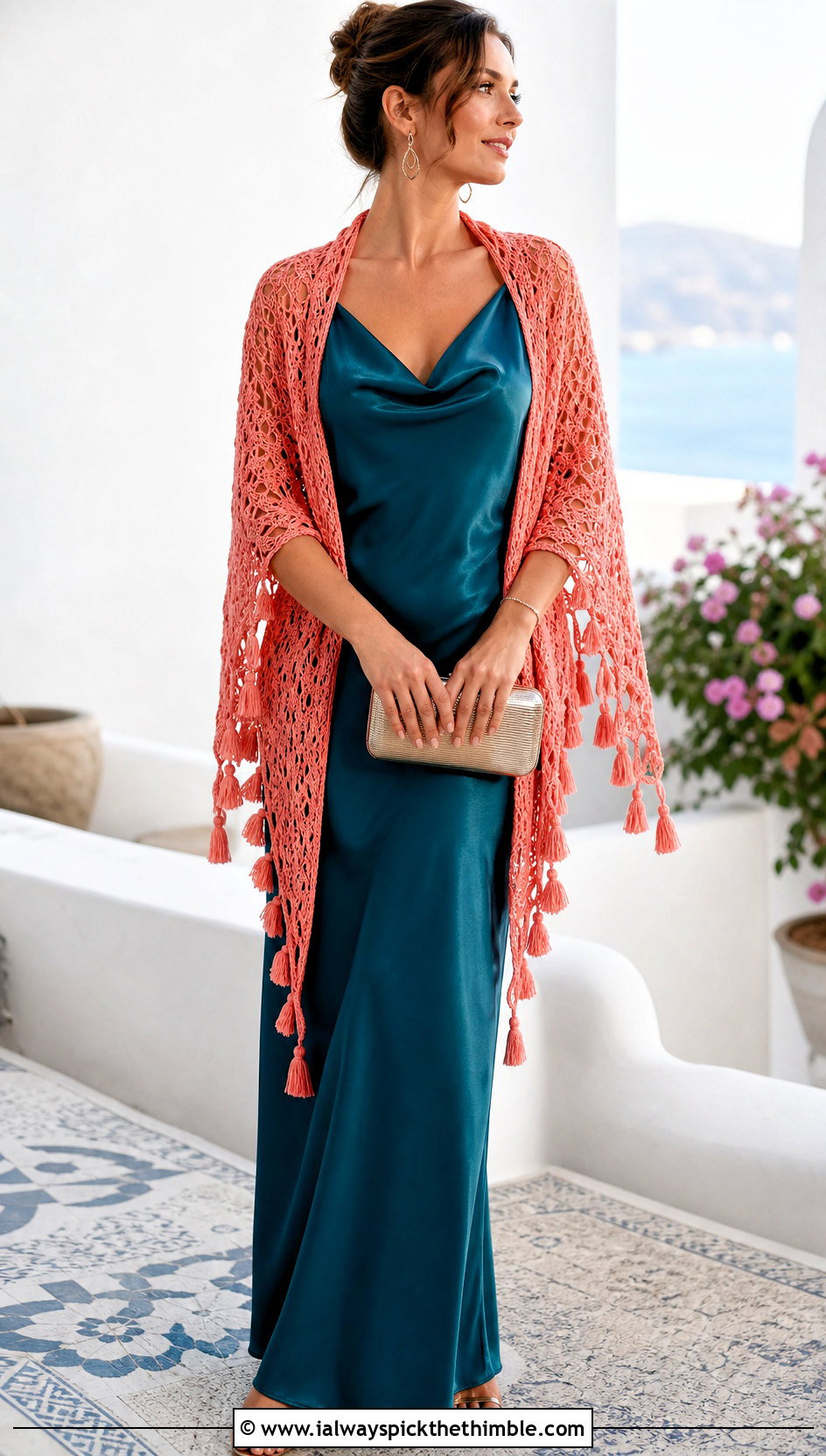 Tassel Heart Crochet Shawl With Satin Maxi Dress - 20 Heart Crochet Shawl outfit ideas