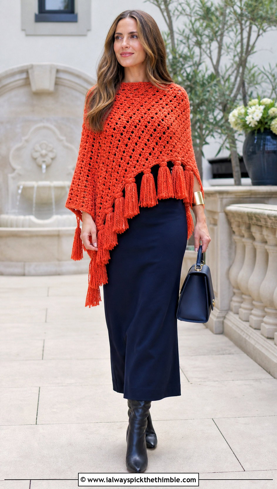 Tassel Hem Chunky Crochet Poncho With Column Maxi Dress - 20 Chunky Crochet Poncho outfit ideas