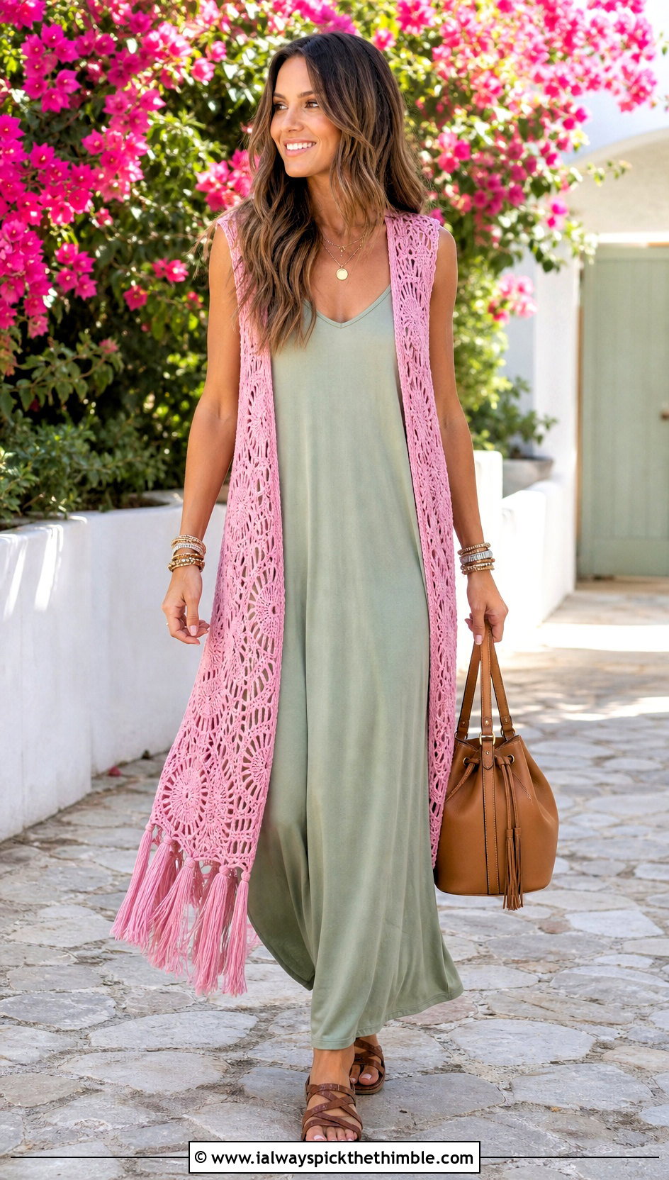 Tassel Hem Crochet Duster Vest With Maxi Dress - 20 crochet duster vest outfit ideas
