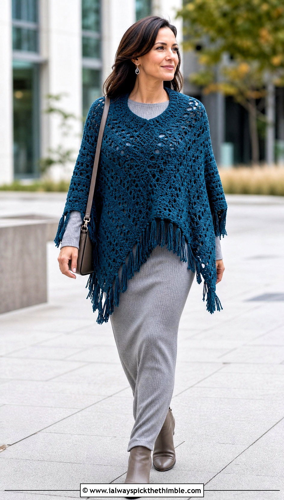 Tassel Hem Crochet Poncho Sweater With Maxi Dress - 25 crochet poncho sweater outfit ideas