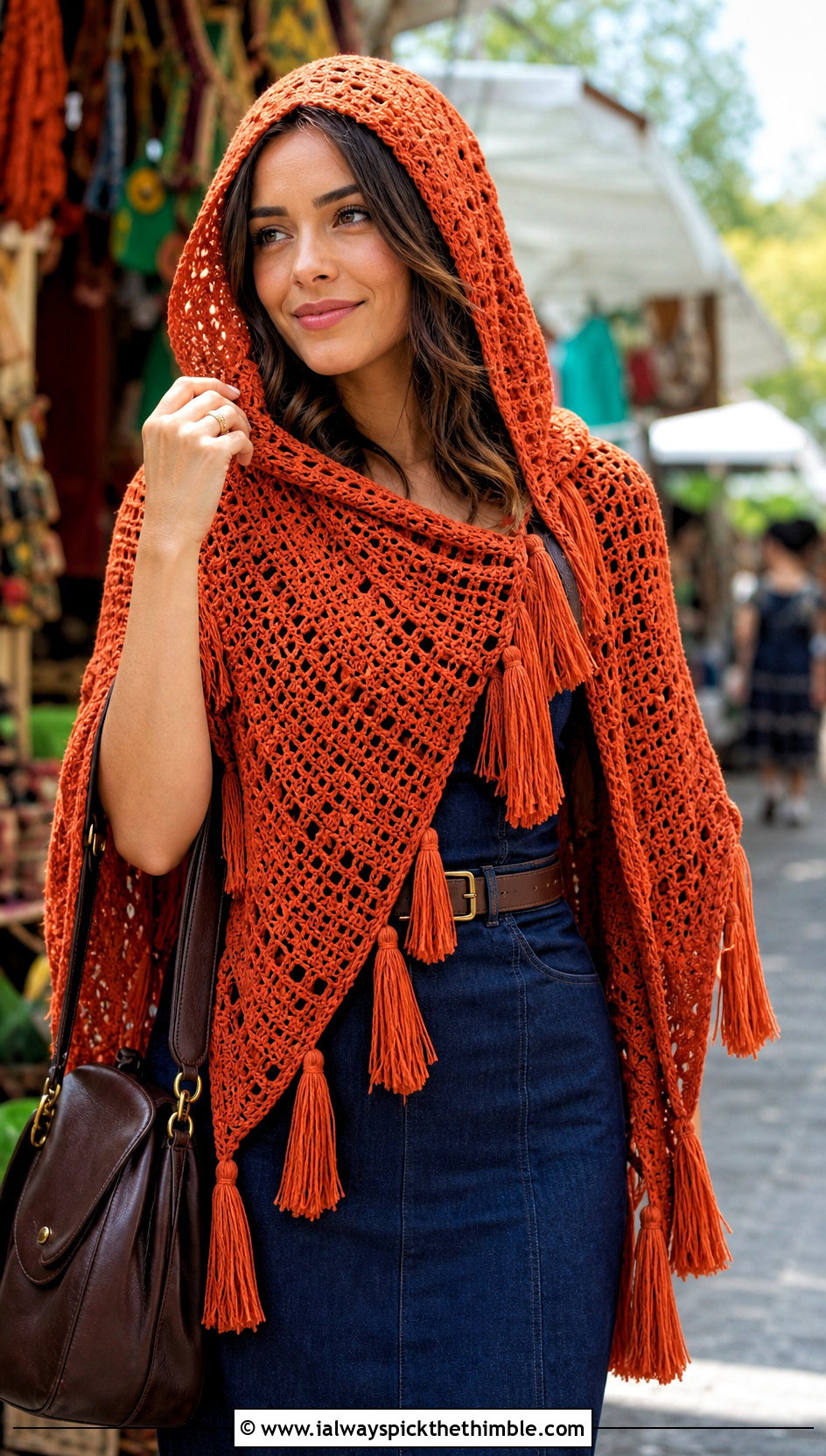 Tassel Hooded Triangle Crochet Shawl With Denim Maxi Dress - 20 Hooded Triangle Crochet Shawl outfit ideas