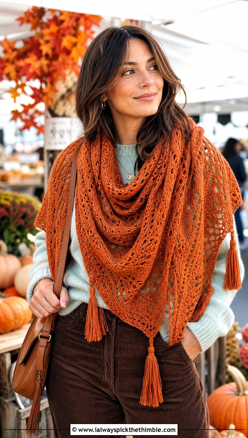 Tassel Lace Triangle Shawl With Sweater And Corduroy Pants - 20 Crochet Lacy Triangle Shawl outfit ideas