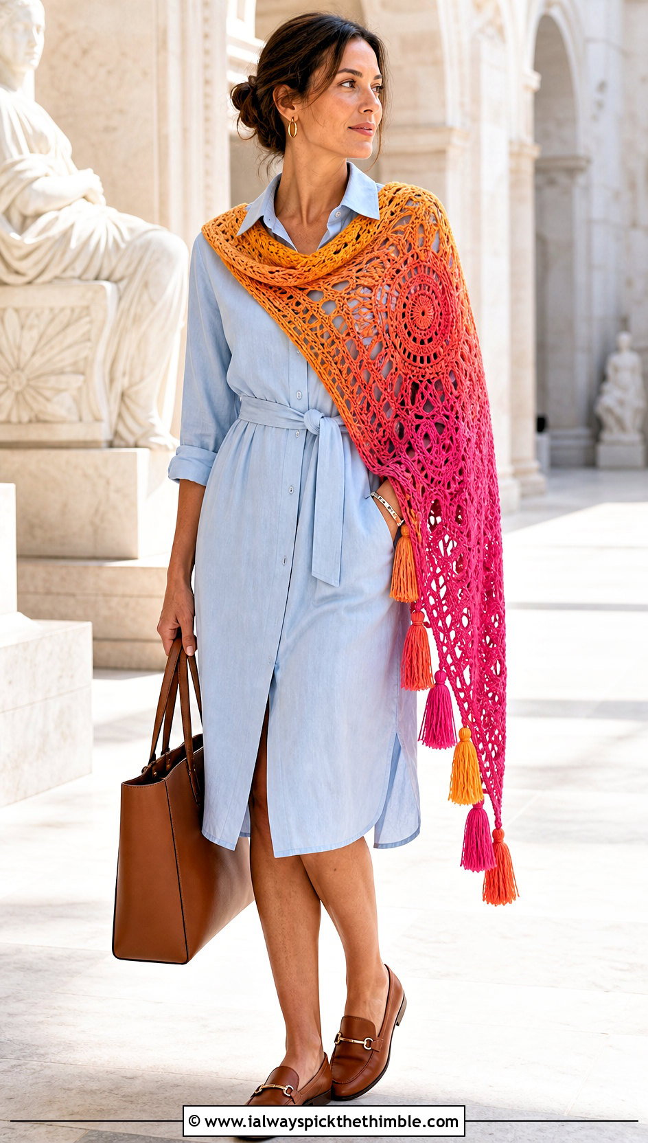 Tassel Mandala Yarn Crochet Shawl With Shirt Dress - 20 Mandala Yarn Crochet Shawl outfit ideas