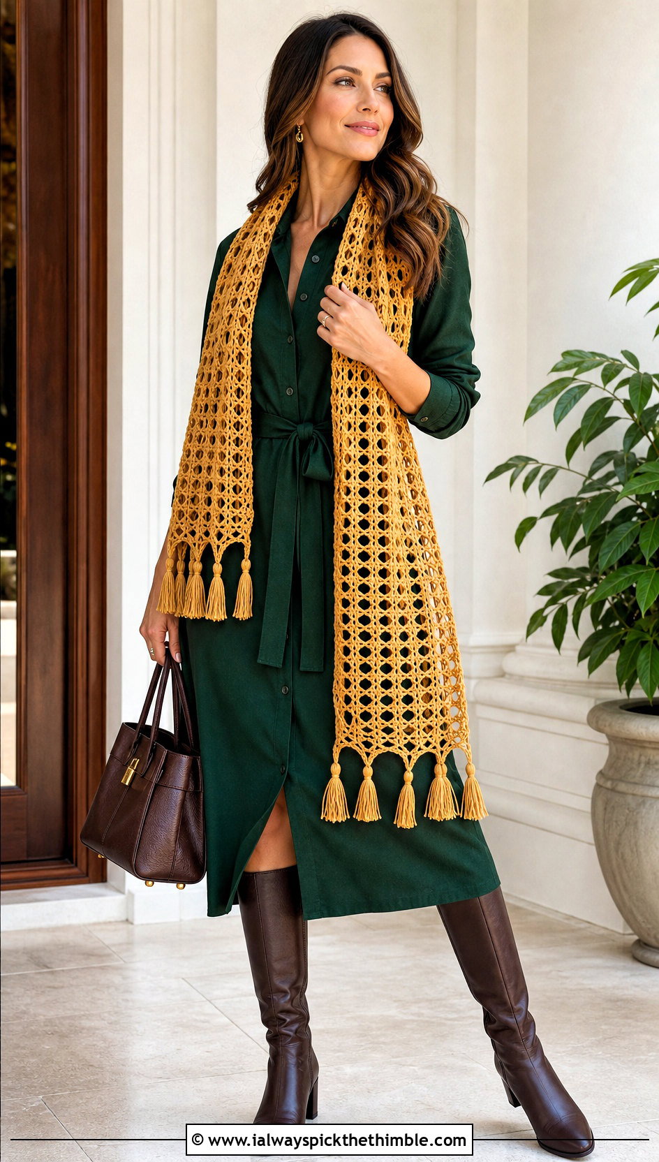 Tassel Mesh Crochet Scarf With Shirt Dress And Knee Boots - 20 Mesh Crochet Scarf outfit ideas