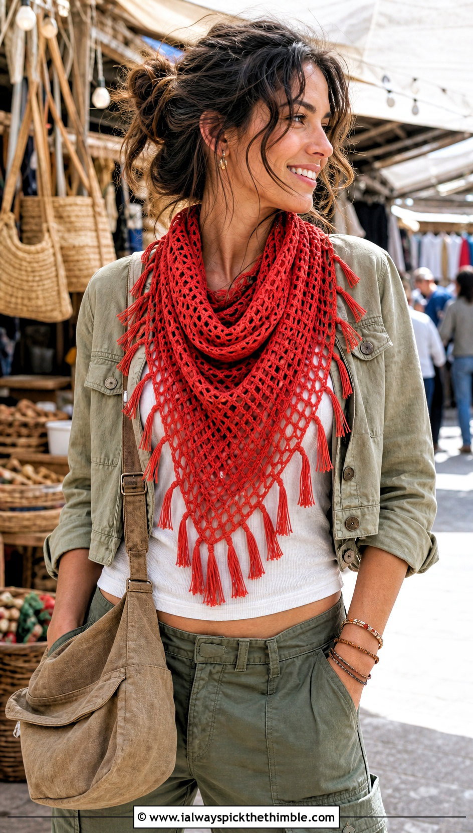 Tassel Mesh Triangle Shawl With Utility Pants - 20 Crochet Mesh Triangle Shawl outfit ideas