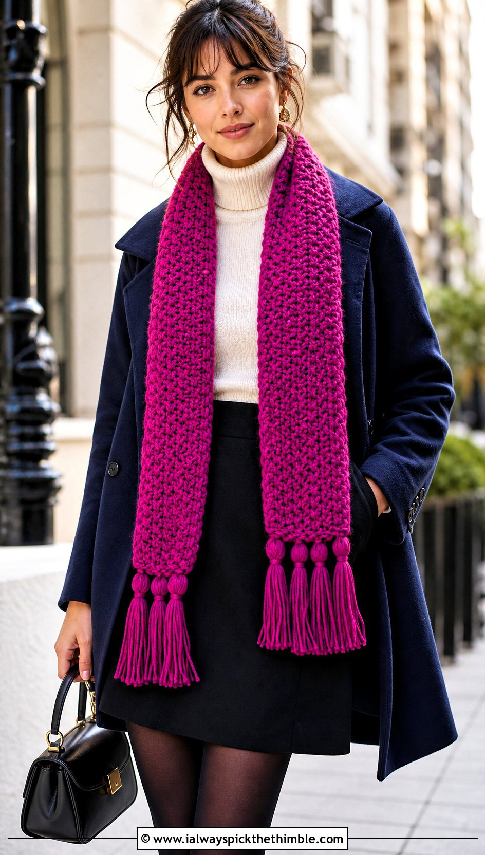 Tassel Moss Stitch Crochet Scarf With Peacoat And Mini Skirt - 20 Moss Stitch Crochet Scarf outfit ideas
