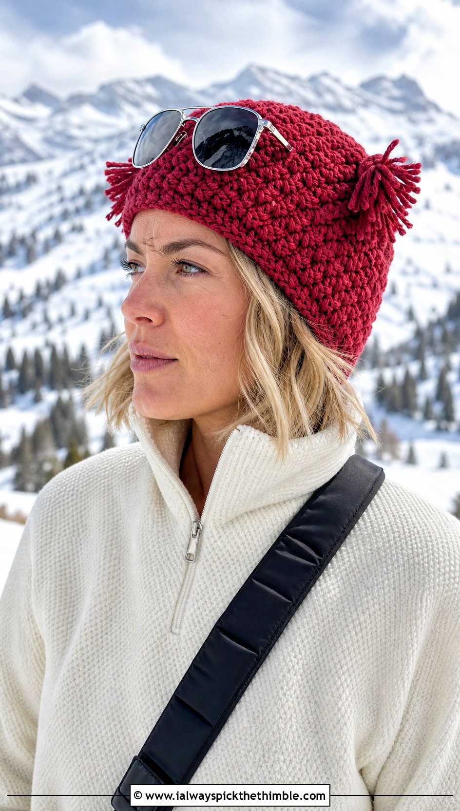 Tassel Moss Stitch Hat With Half Zip Sweater - 20 Crochet Moss Stitch Hat outfit ideas