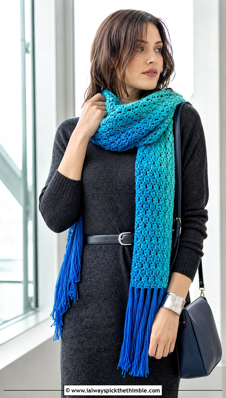 Tassel Ombre Crochet Scarf With Sweater Dress - 20 Ombre Crochet Scarf outfit ideas