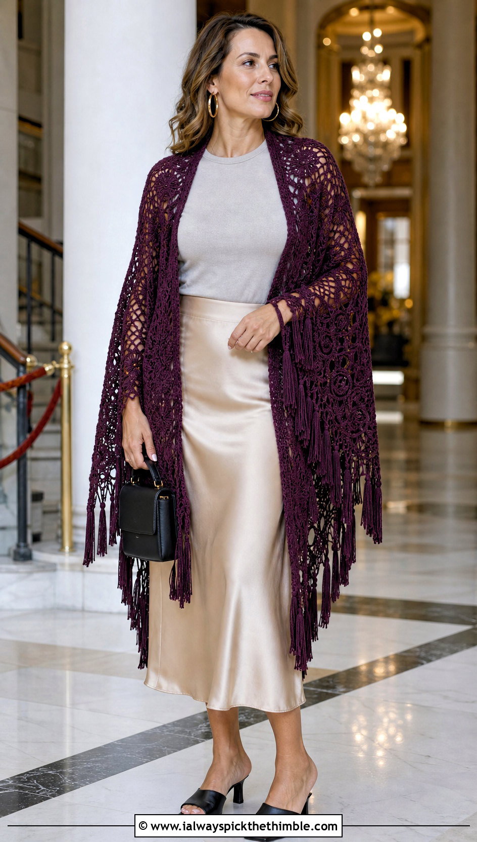 Tassel Pineapple Crochet Shawl With Satin Midi Skirt - 20 pineapple crochet shawl outfit ideas
