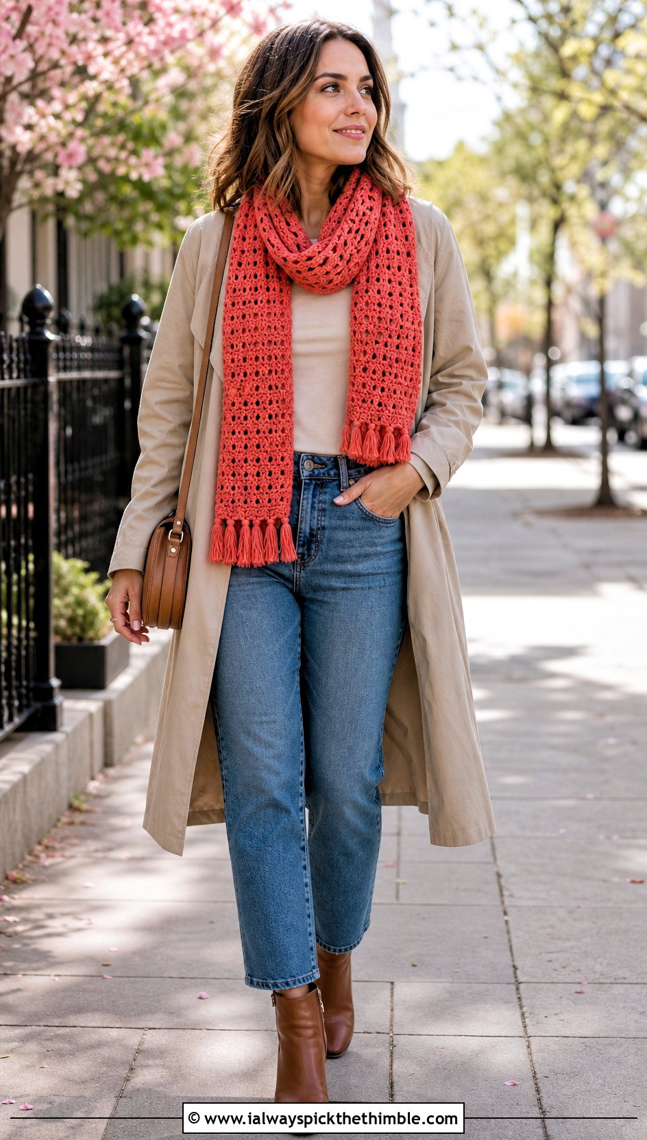 Tassel Rectangle Crochet Shawl With Trench Coat - 20 Light Weight Crochet Shawl outfit ideas