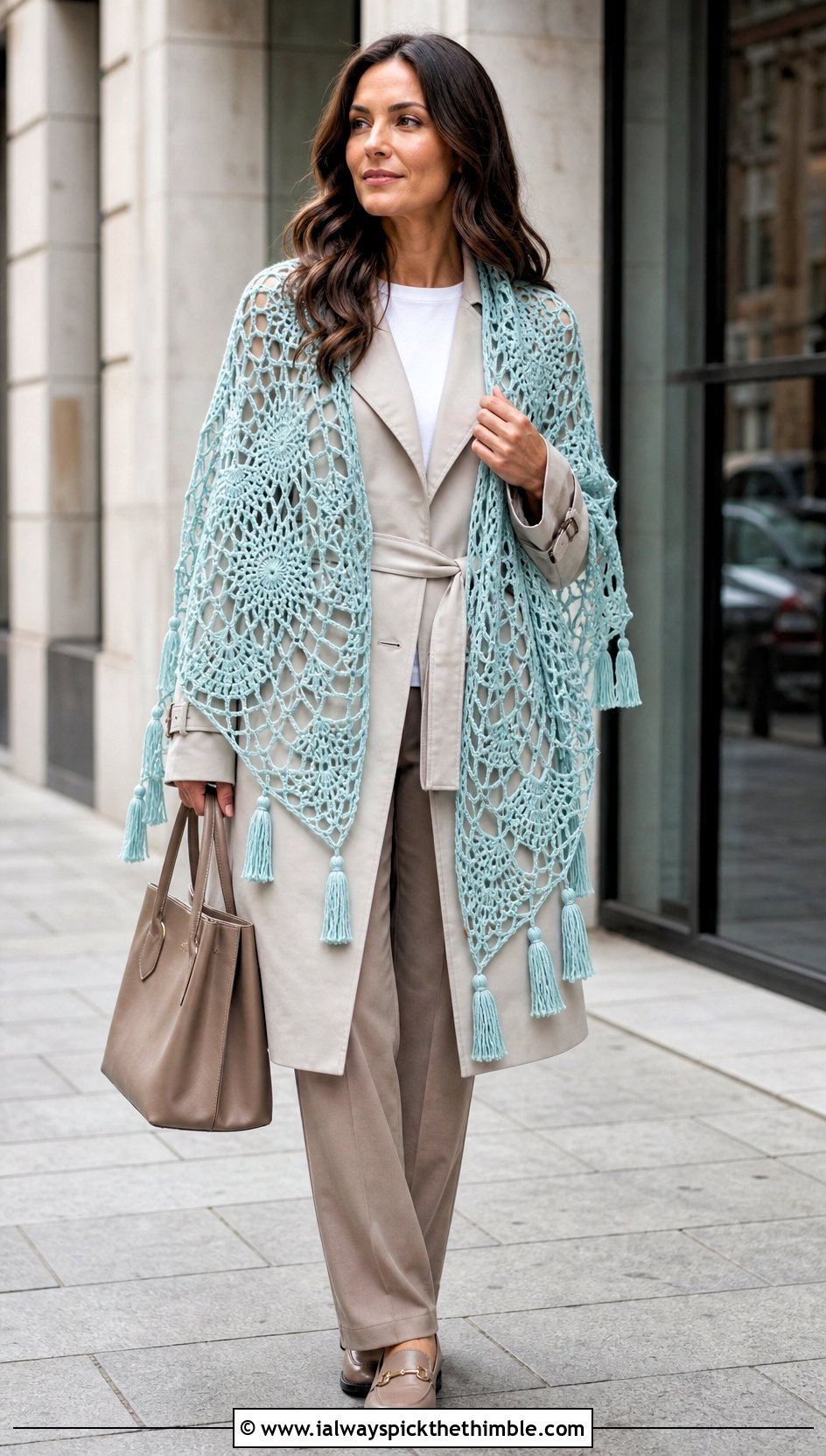 Tassel Spiderweb Crochet Shawl With Trench Coat - 20 spiderweb crochet shawl outfit ideas