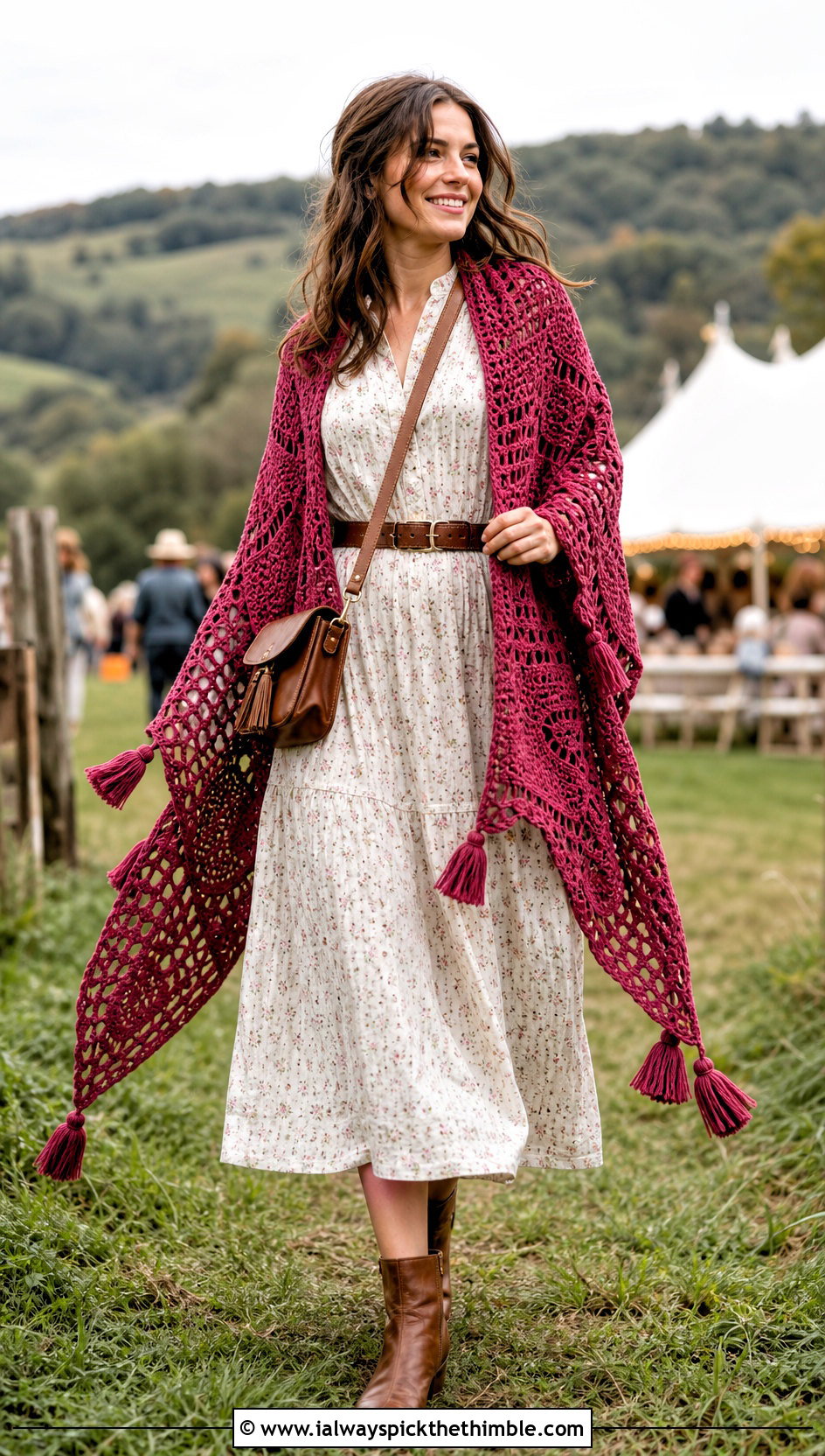 Tassel Square Crochet Shawl With Prairie Dress - 20 Square Crochet Shawl outfit ideas