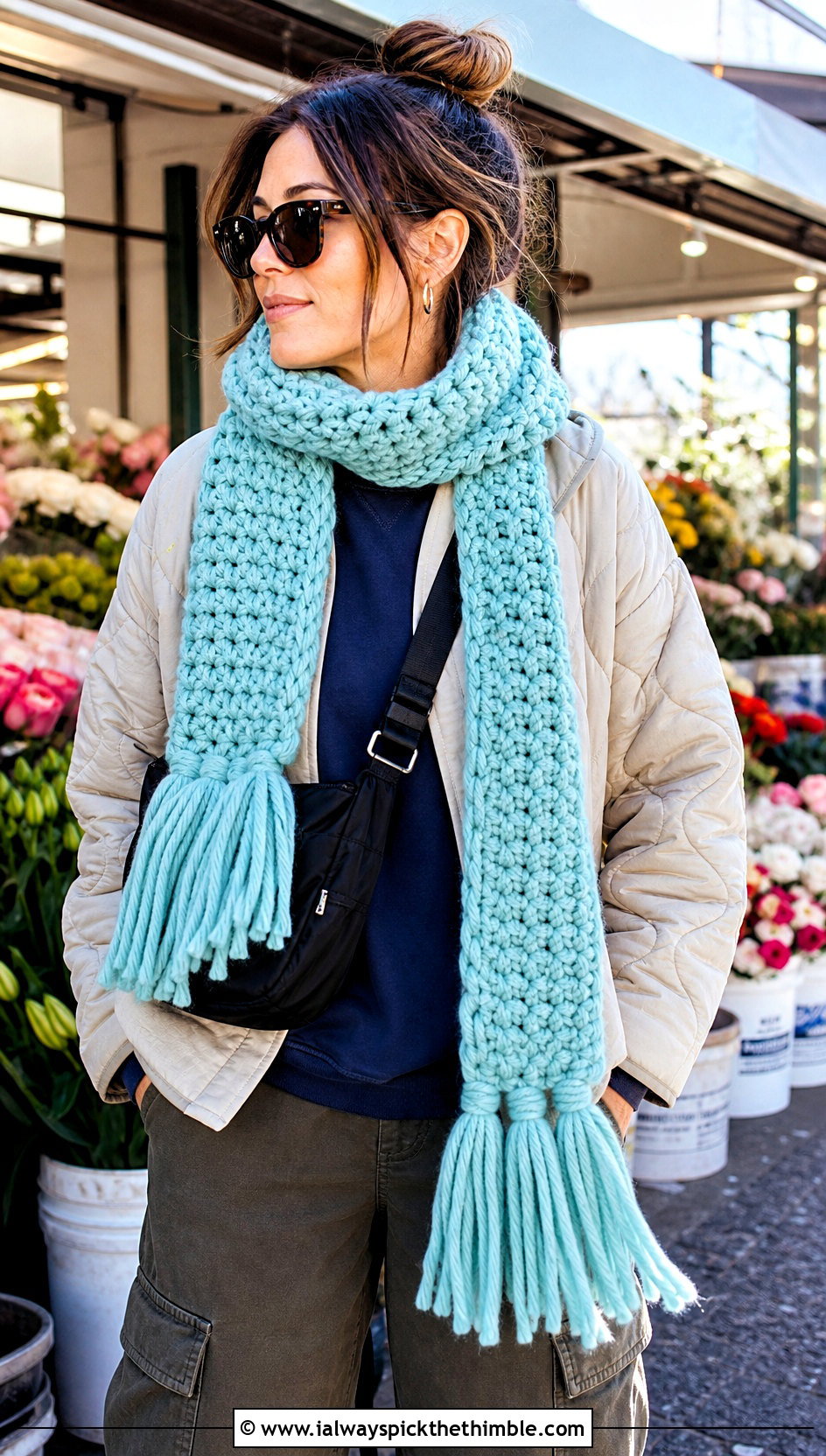 Tassel Super Chunky Crochet Scarf With Quilted Jacket - 20 Super Chunky Crochet Scarf outfit ideas
