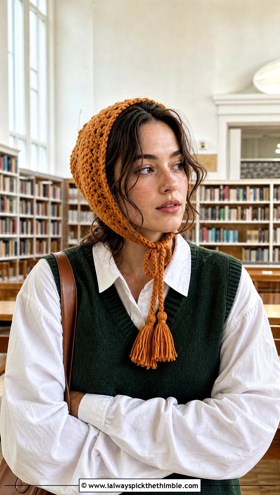 Tassel Tie Bonnet With Sweater Vest - 25 crochet bonnets outfit ideas