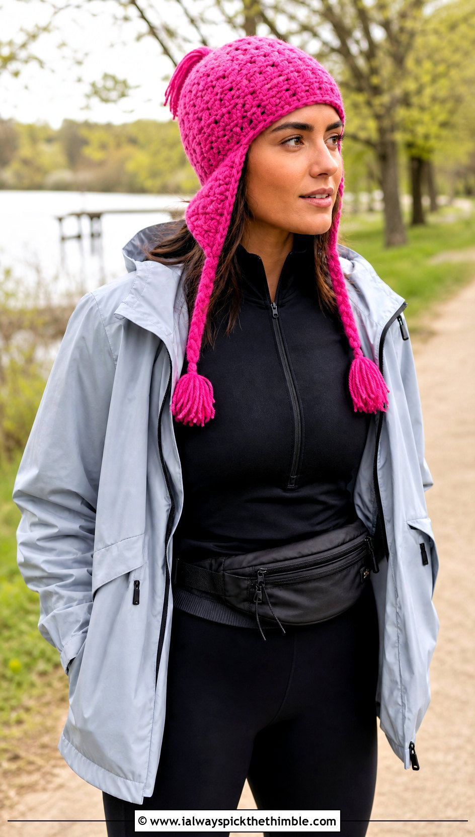 Tassel Tie Crochet Ear Flap Beanie With Sporty Anorak - 20 crochet ear flap beanie outfit ideas