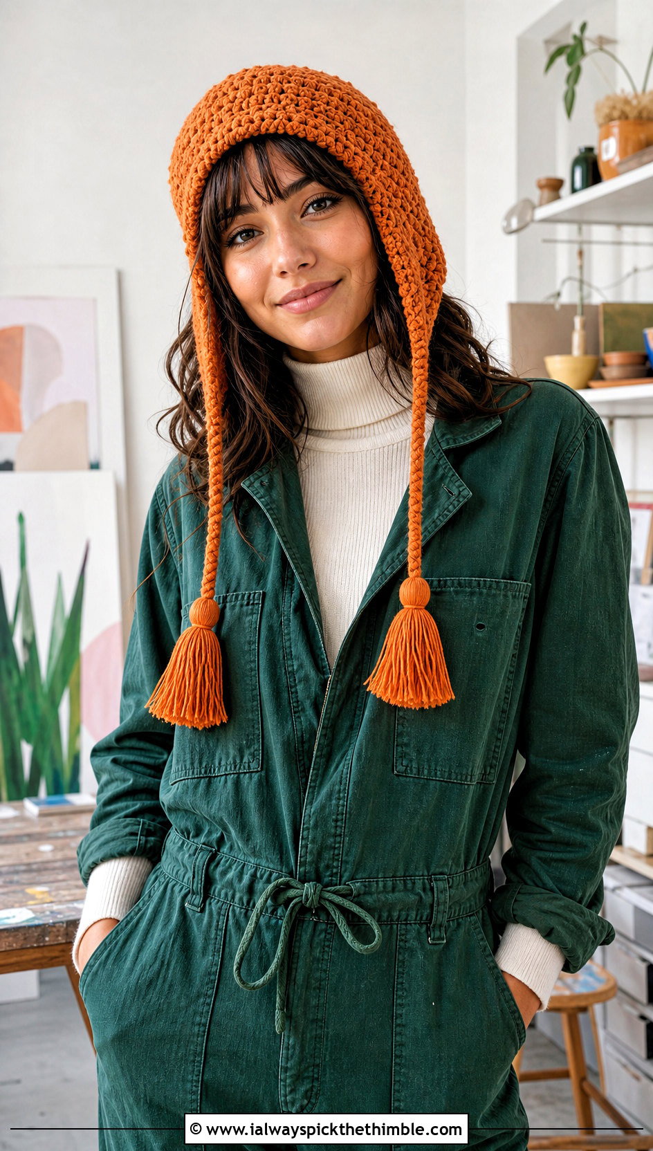 Tassel Tie Crochet Ear Flap Hat With Utility Jumpsuit - 20 crochet adult ear flap hat outfit ideas